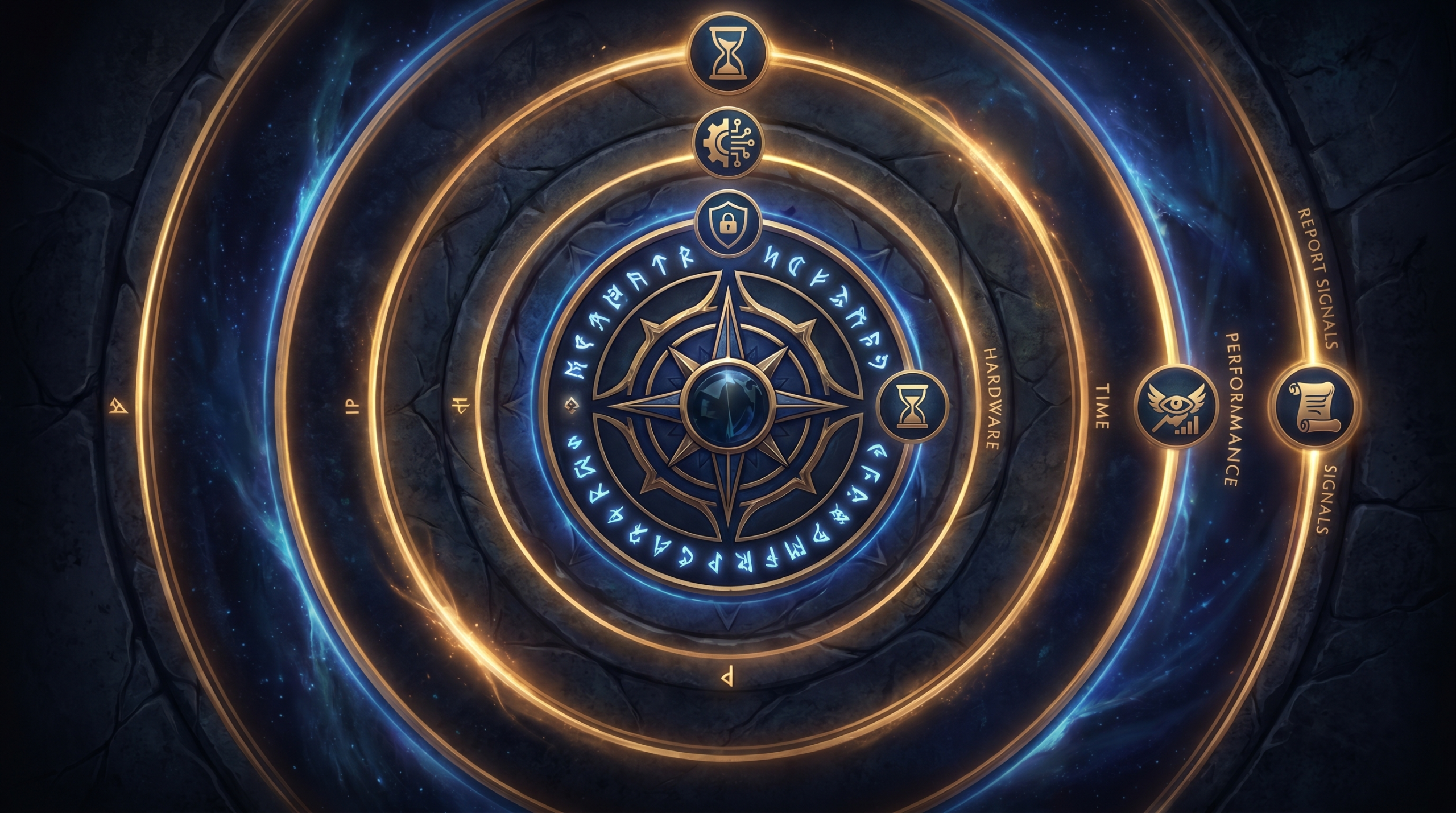 A multi-layer detection vector diagram with concentric rings labeled IP, hardware, time, performance, report signals. Gold accent rings on dark cinema