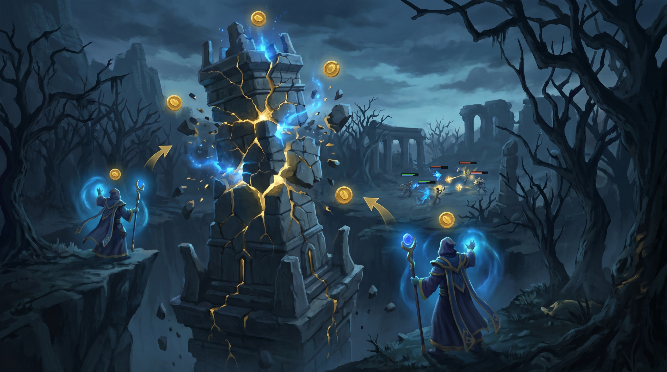 A Dota 2 mid tier 1 tower being demolished with supports flanking and gold pressure indicators. Dark cinematic background showing coordinated rotation