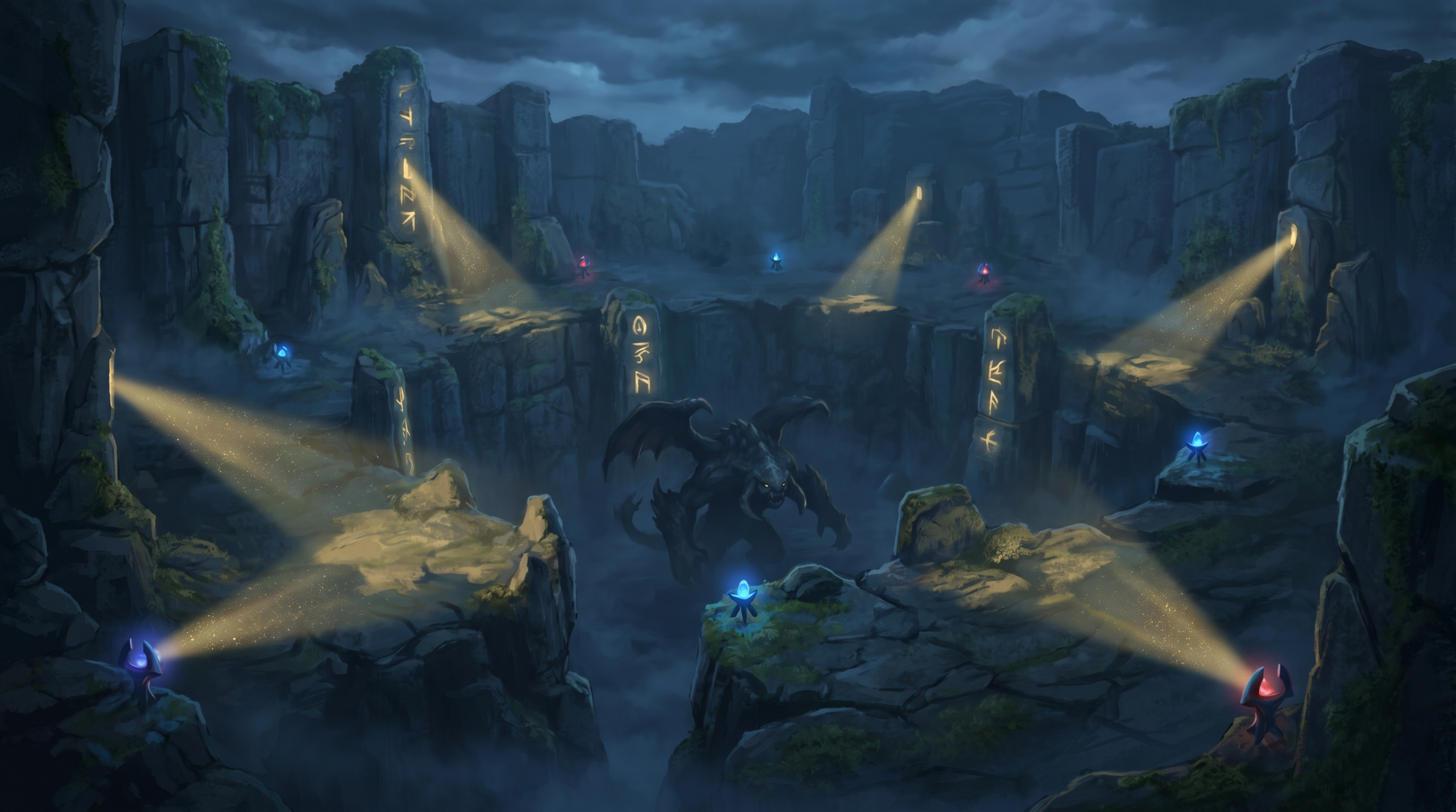 A Dota 2 Roshan pit with observer and sentry wards placed strategically, gold vision cones lit up. Dark cinematic background.