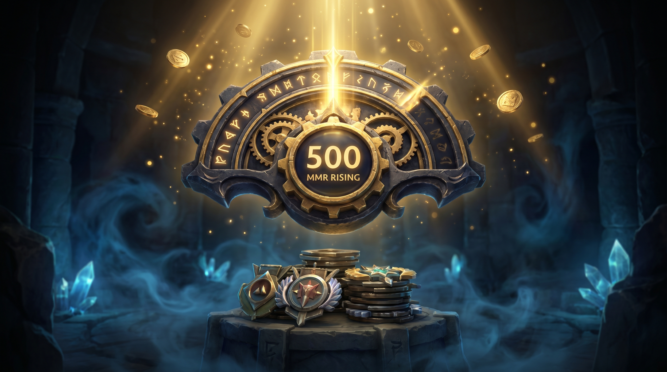 Dota 2 MMR meter rising 500 points with gold coins floating around it, rank embl