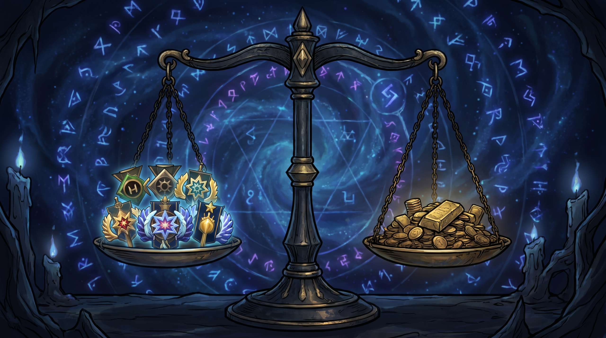 A comparison scale balancing Dota 2 rank badges against gold coins, dark blue ba