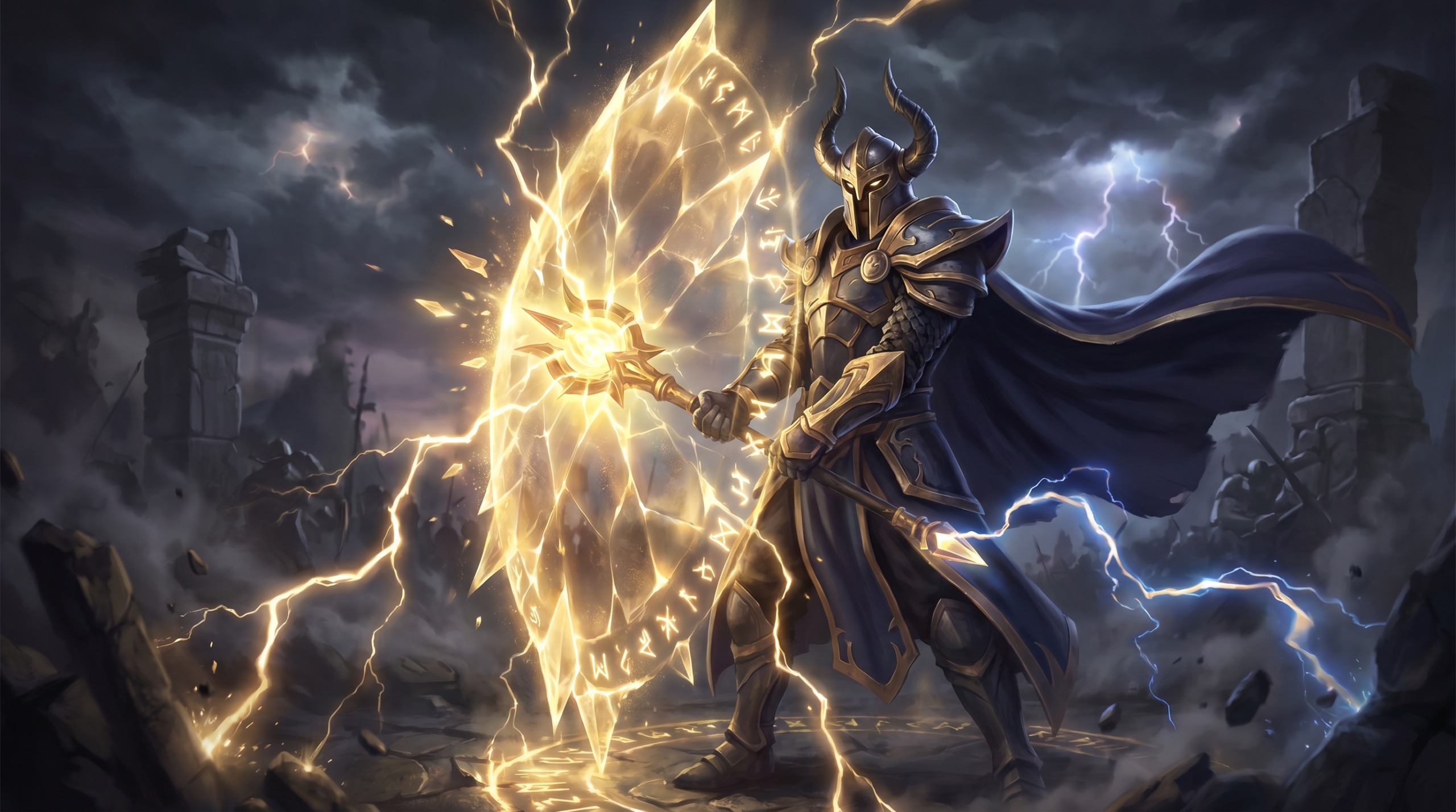 A Dota 2 warrior hero activating Black King Bar with golden magical shield burst