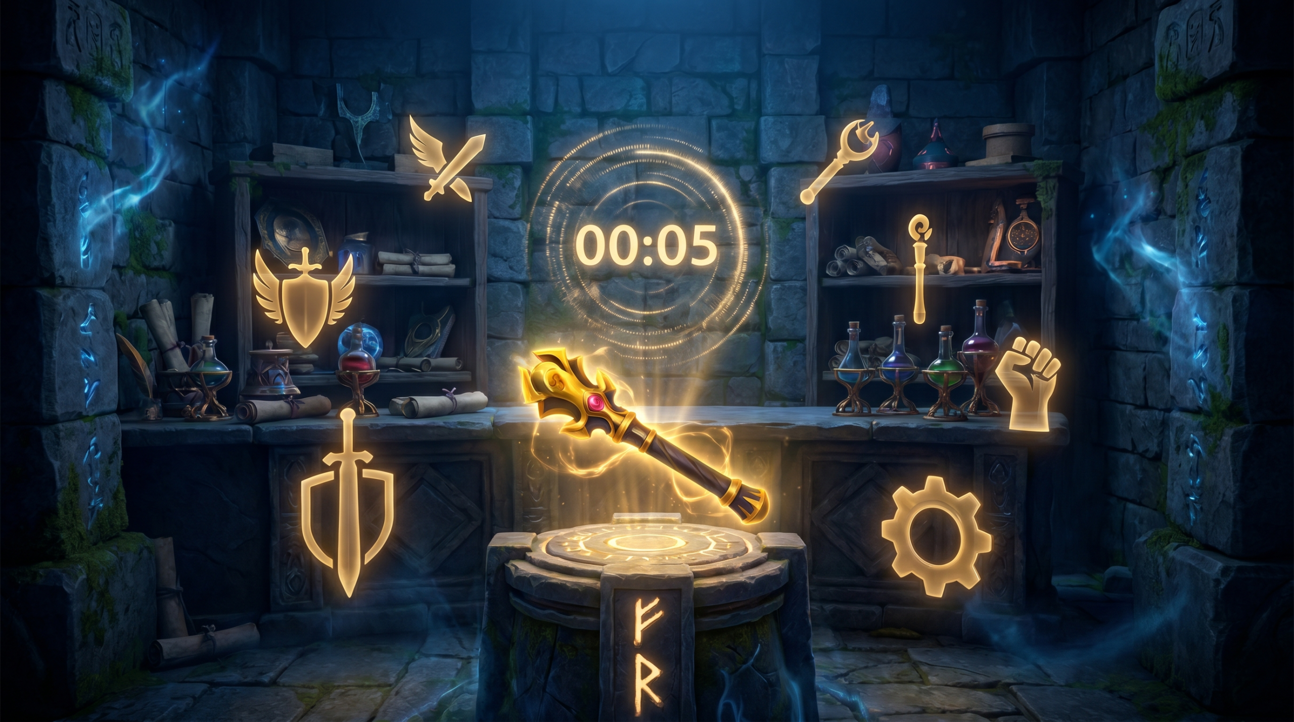 Dota 2 item shop focusing on BKB with a glowing countdown timer, cinematic dark 