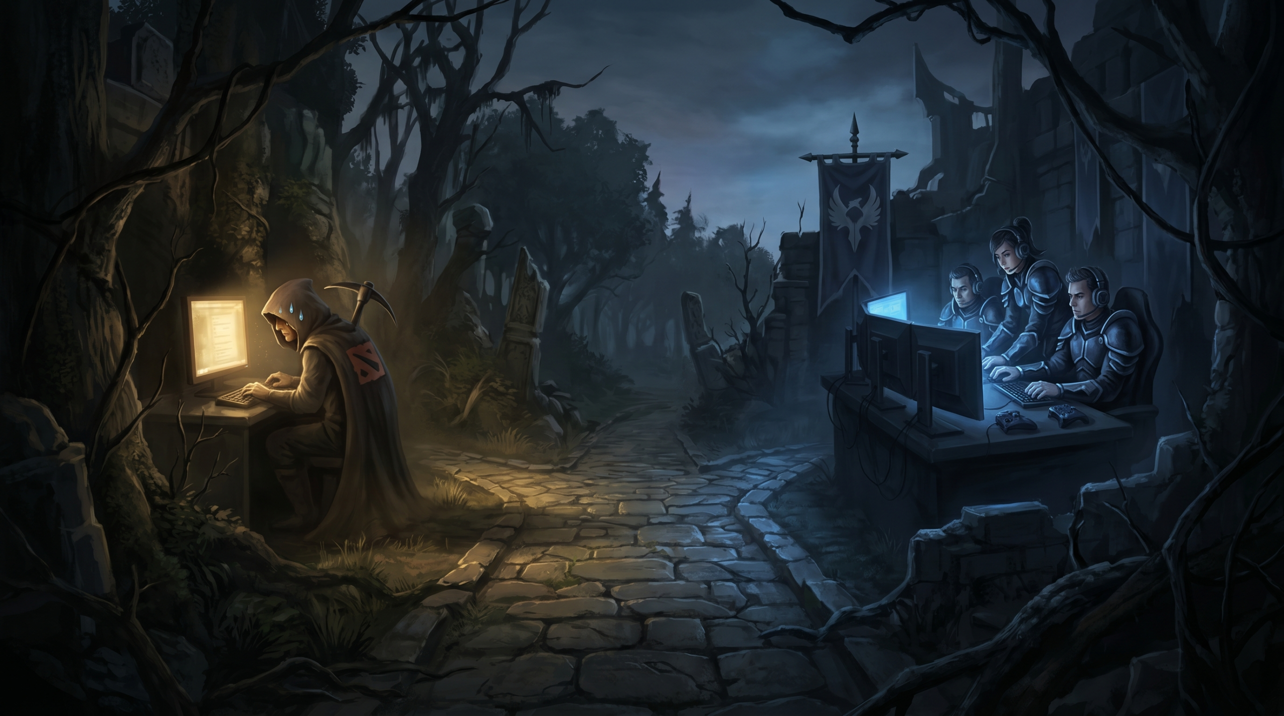 Two paths diverging in Dota 2 world: one shows a lone grinder with sweat, other 