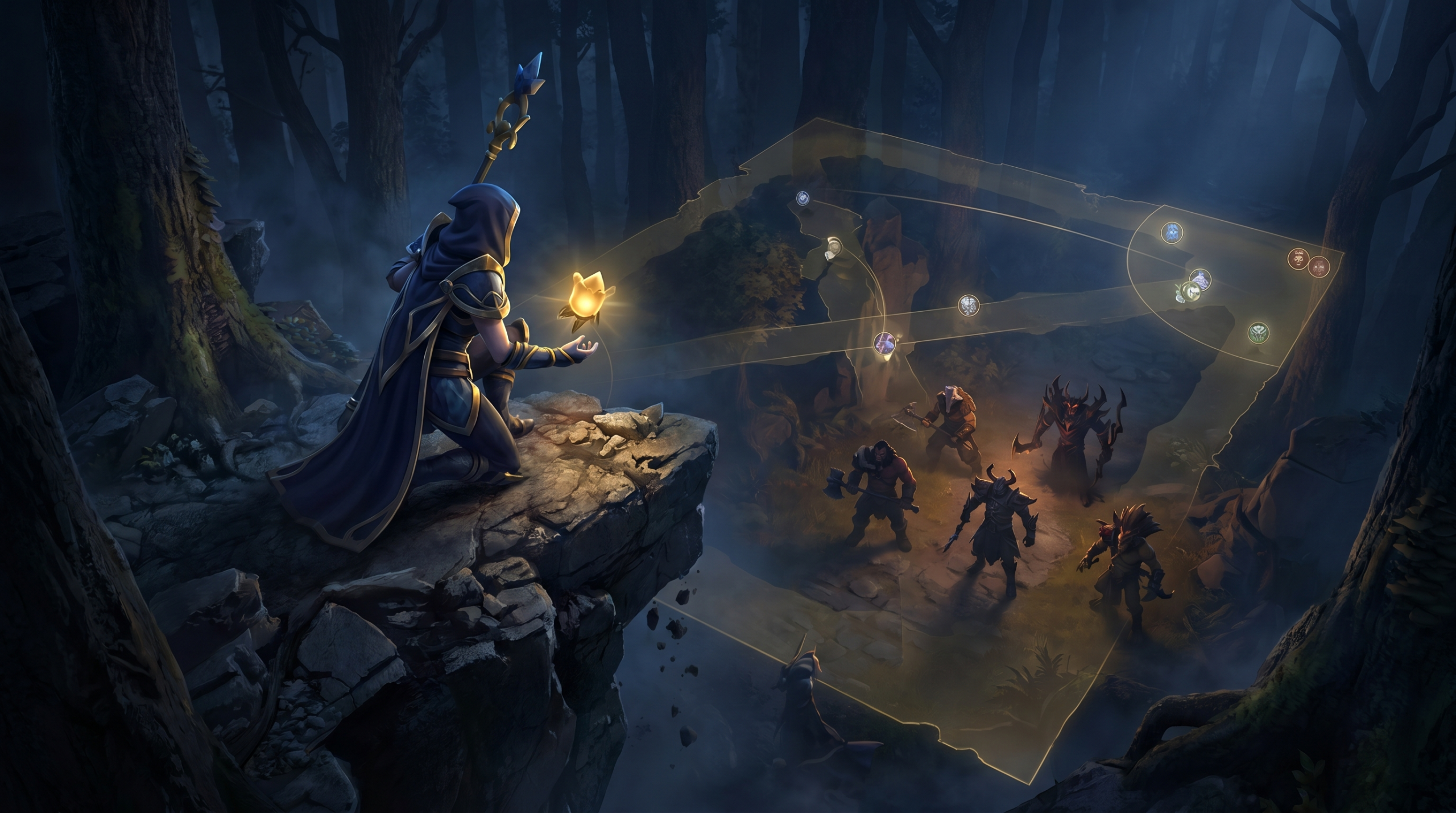 A Dota 2 support hero placing a ward on a high ground cliff with the enemy team 