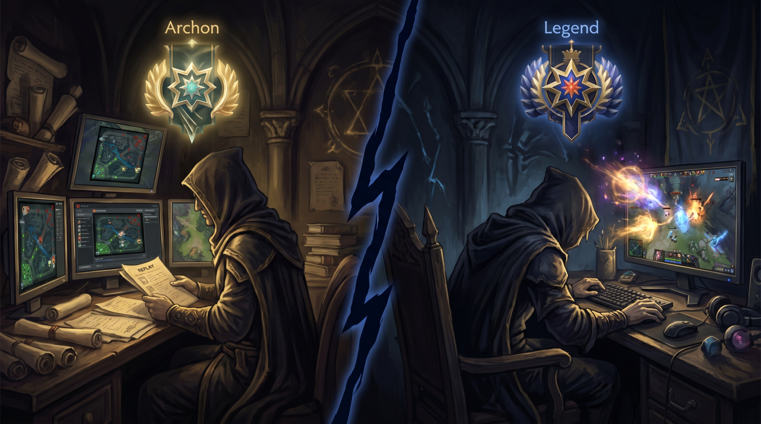 Side by side: a Dota 2 coach studying replays vs a booster actively playing, Arc