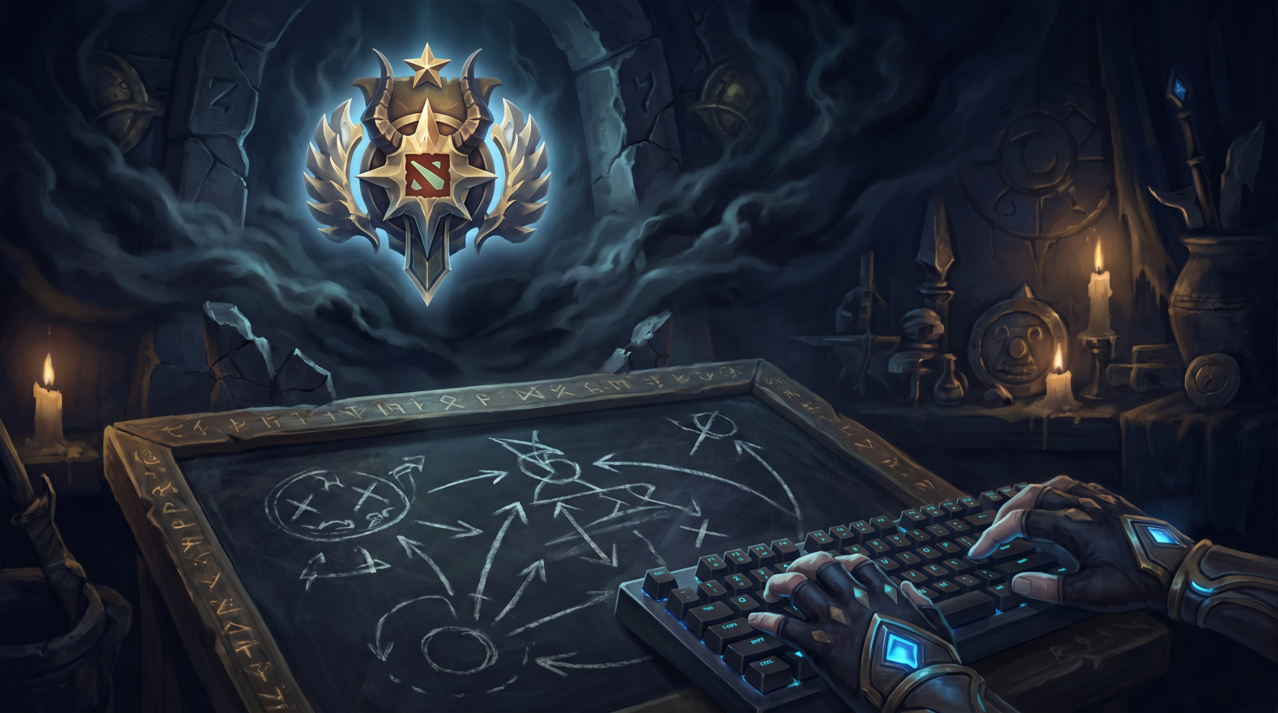 A Dota 2 Legend rank badge emerging from shadows with a coaching blackboard and 