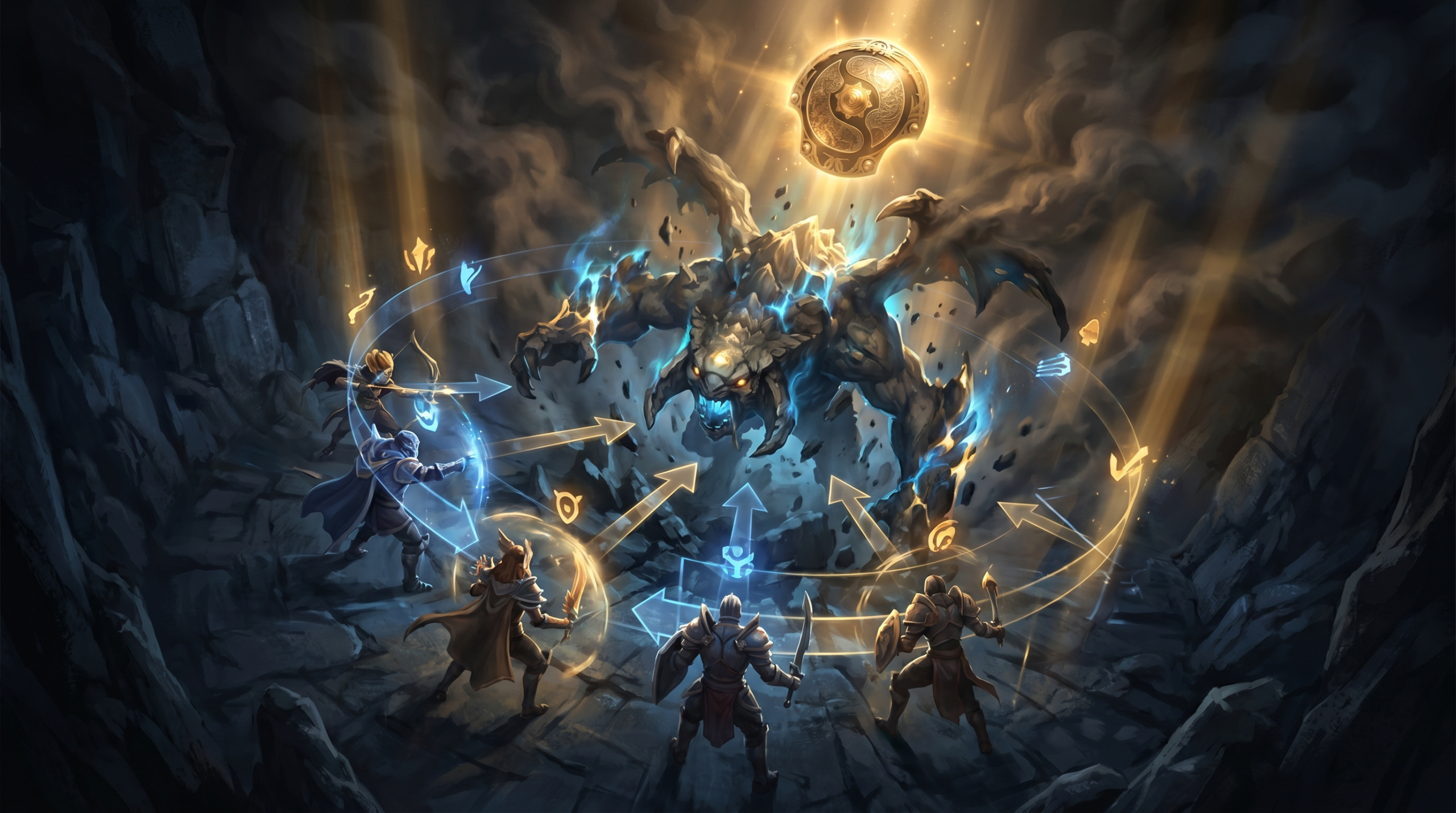 Roshan being defeated by a coordinated Dota 2 team, Aegis glowing gold, dark pit