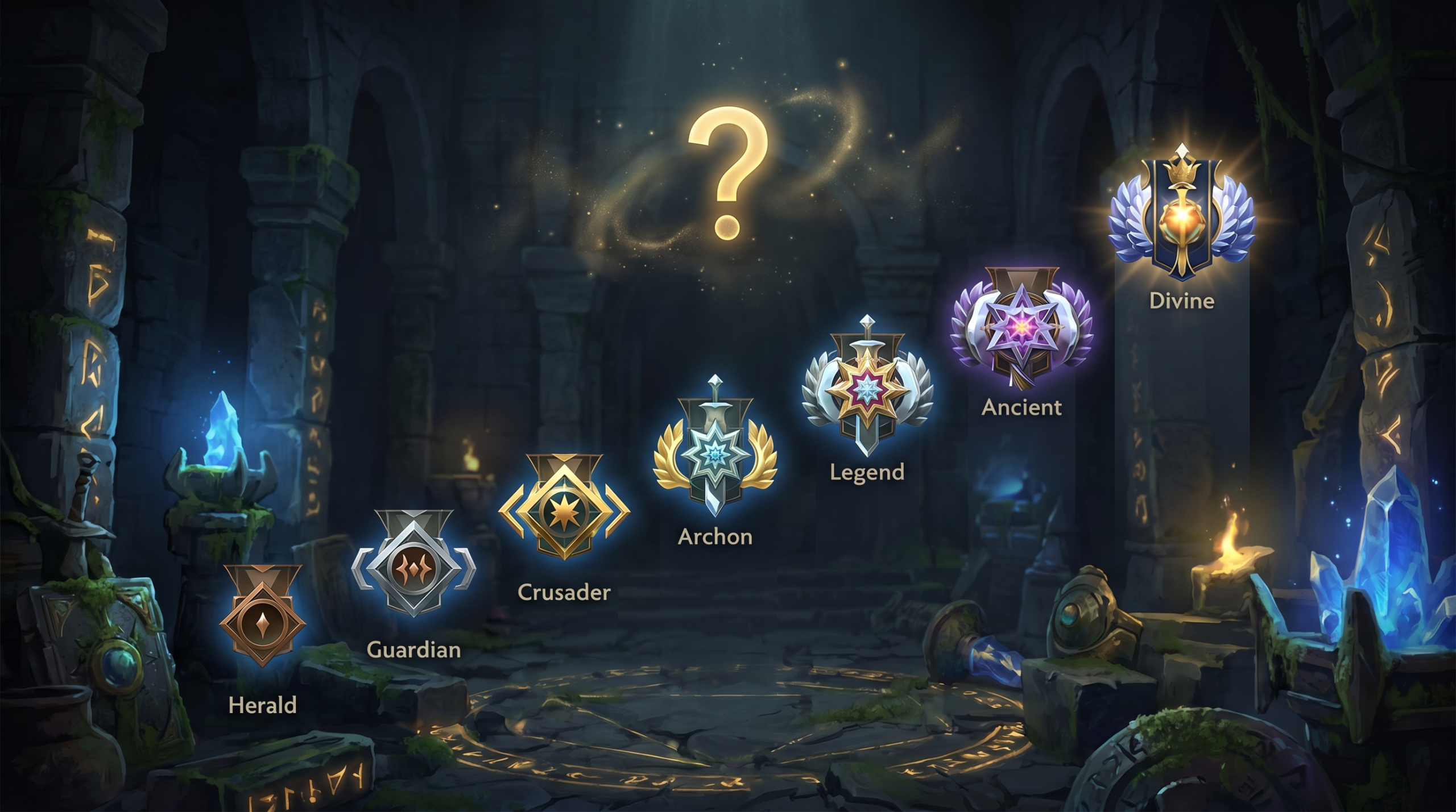 Dota 2 calibration screen with rank badges ascending from Herald to Divine, gold