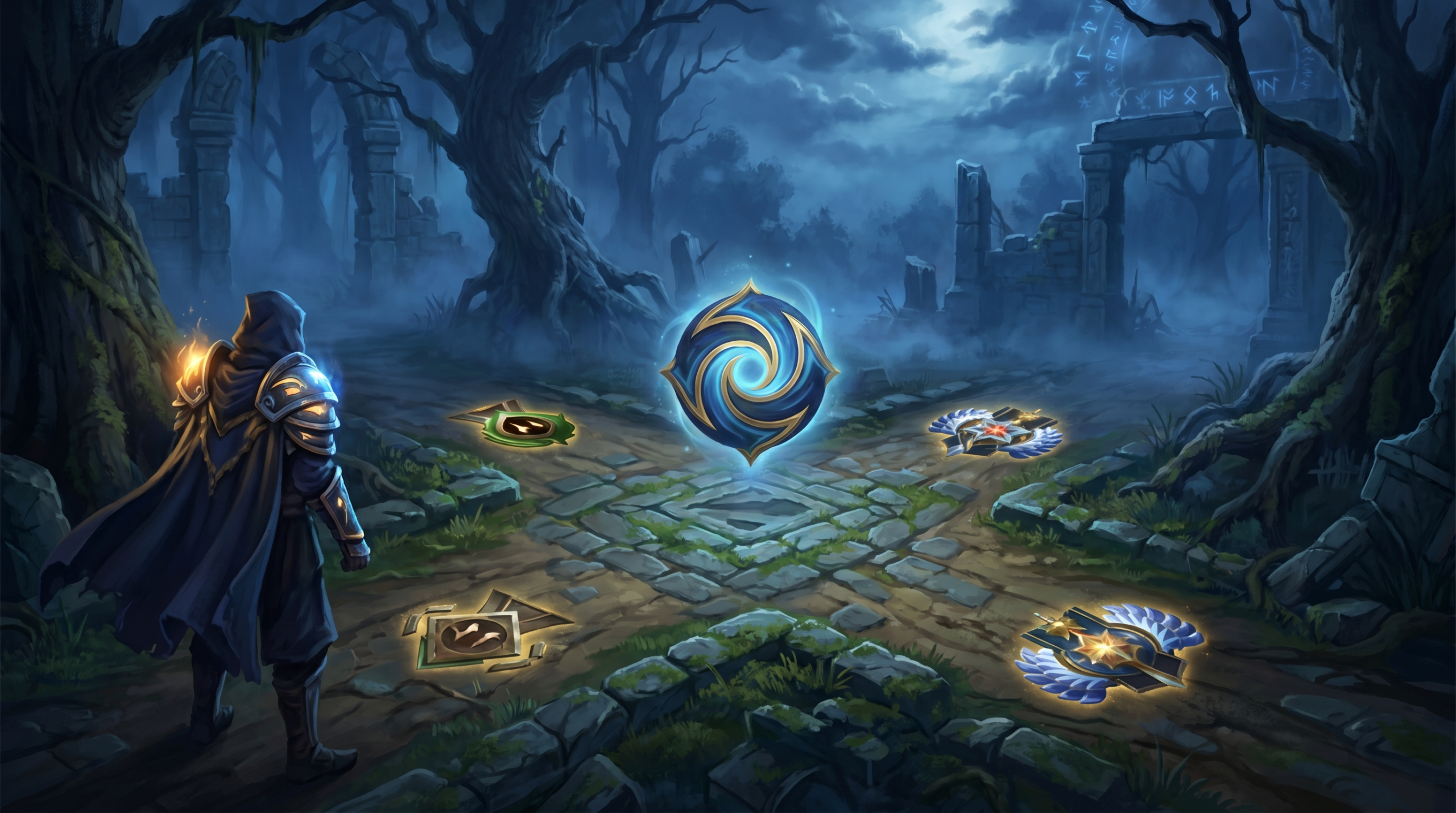 A player standing at a crossroads with Dota 2 rank badges on each path, calibrat