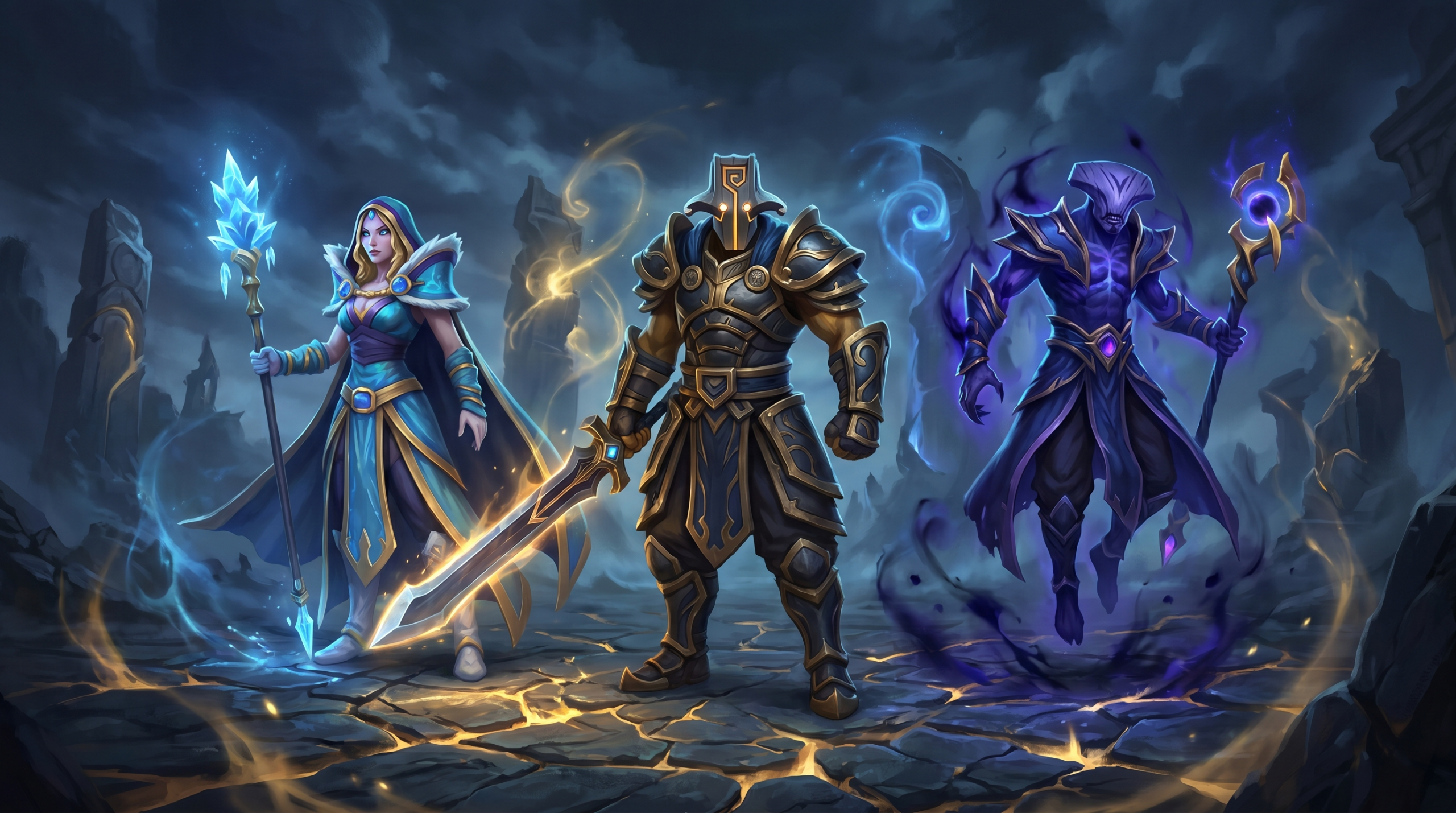 Three Dota 2 heroes standing side by side on a glowing battlefield, each distinc