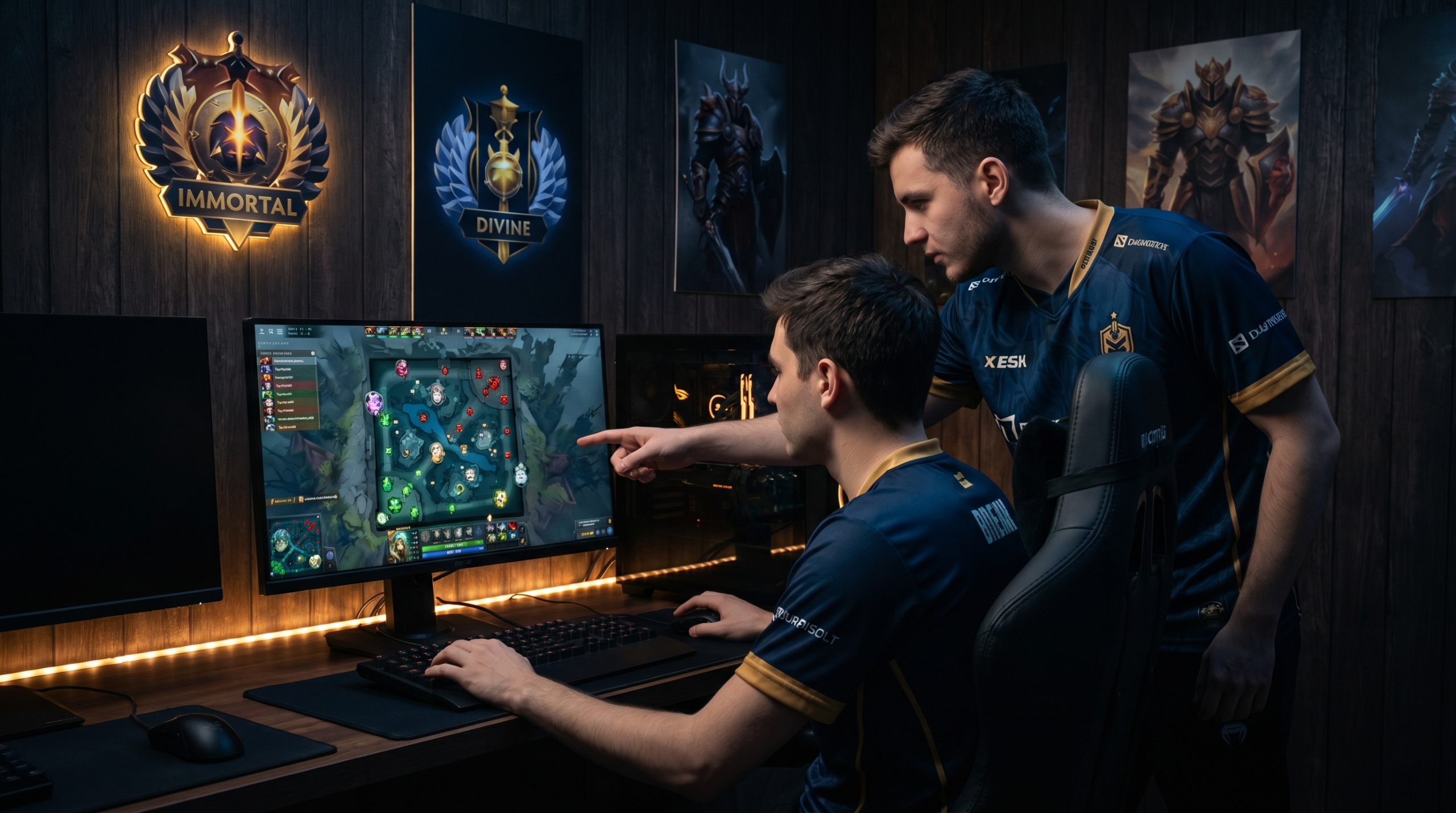 Two Dota 2 players communicating strategy at a computer setup, professional gami