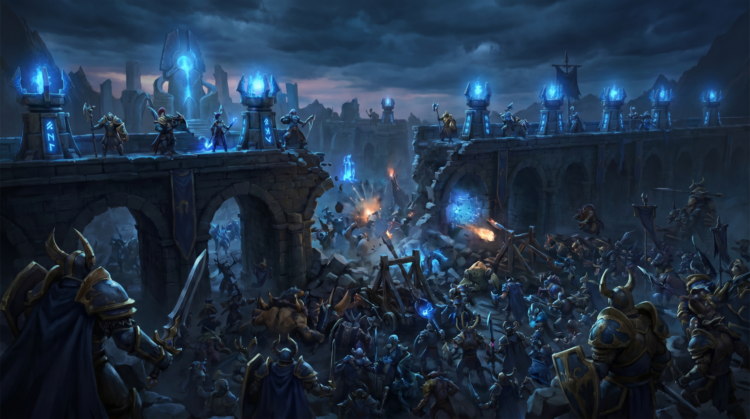 Dota 2 high ground siege scene with defensive turrets glowing blue, attacking ar