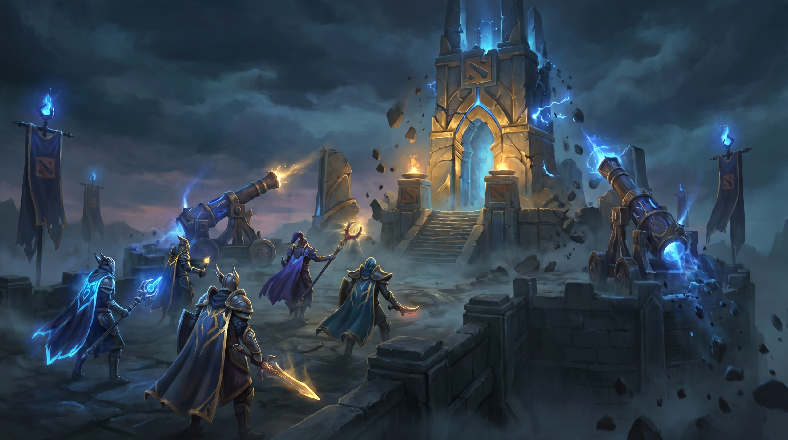 Dota 2 team executing perfect high ground push strategy, ancient structure crumb