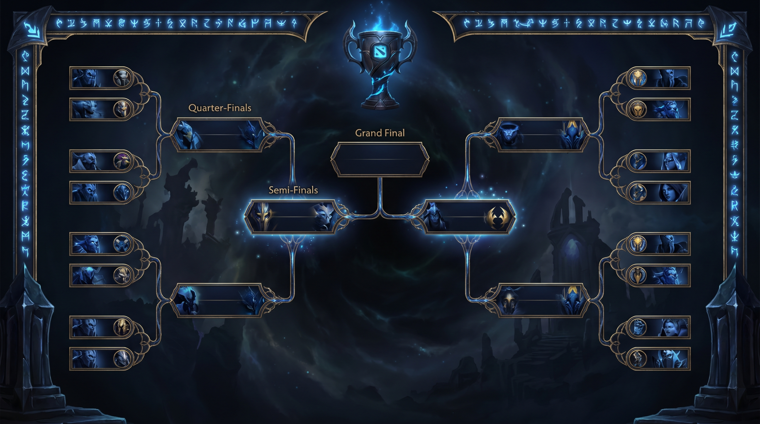 Dota 2 Battle Cup bracket screen showing round progression, stylized dark UI aesthetic