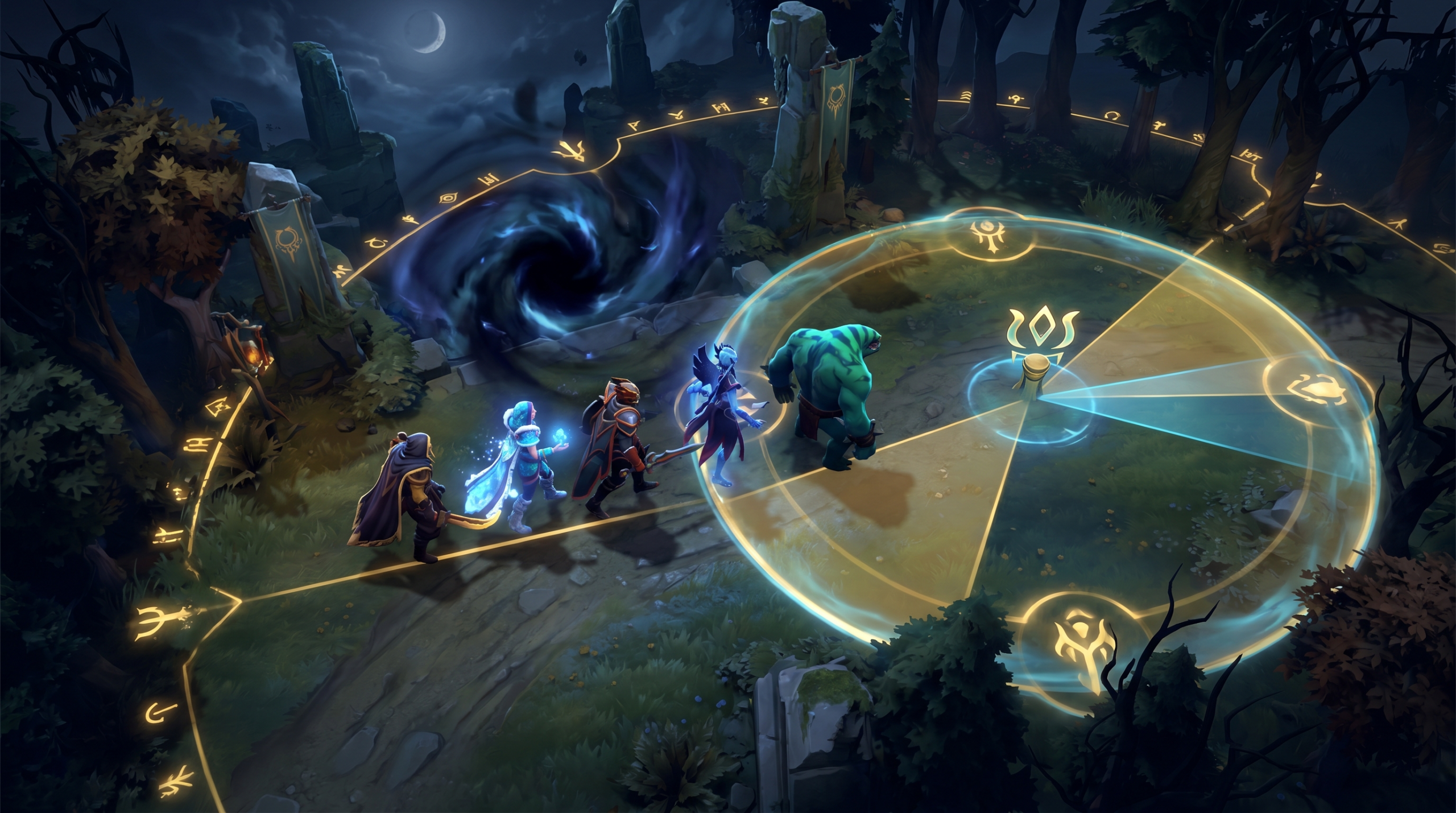 Dota 2 team coordination scene, five heroes moving together on map with ward vision highlighted, strategy overlay aesthetic