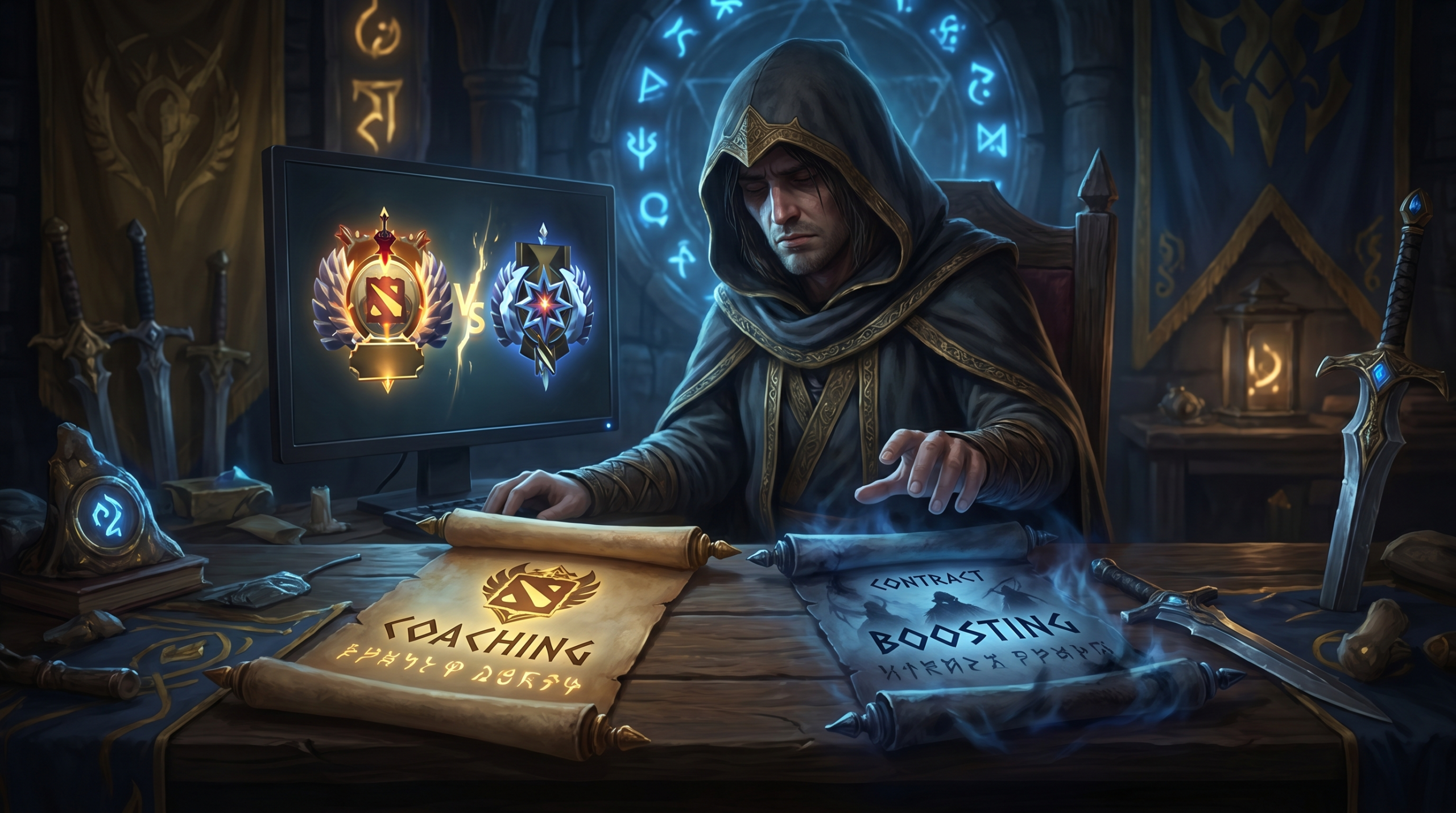 Dota 2 player sitting at desk looking at rank medals with uncertainty, crossroad