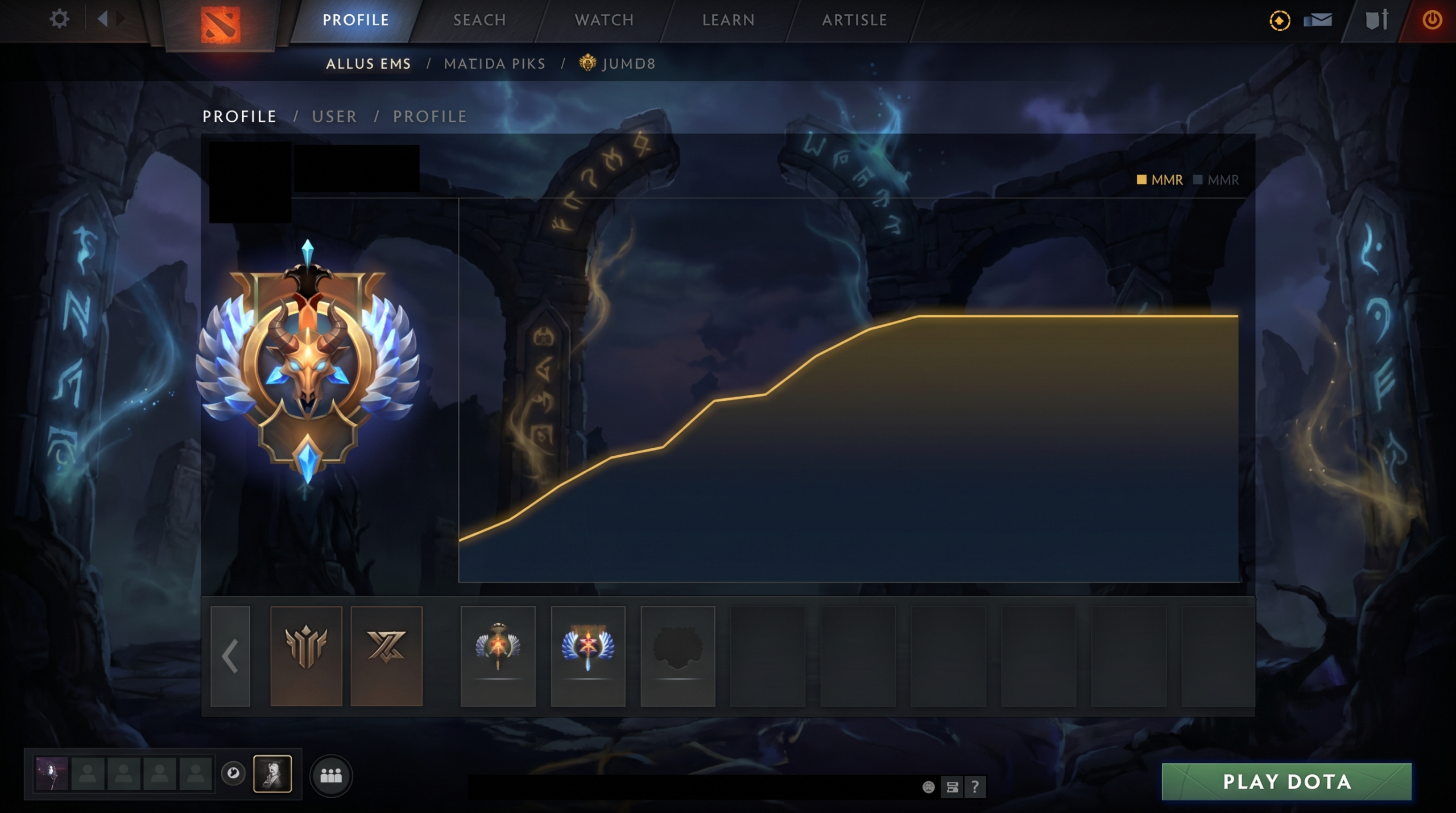 Dota 2 profile screen showing MMR graph with flat line at a plateau, dark UI with rank badge visible