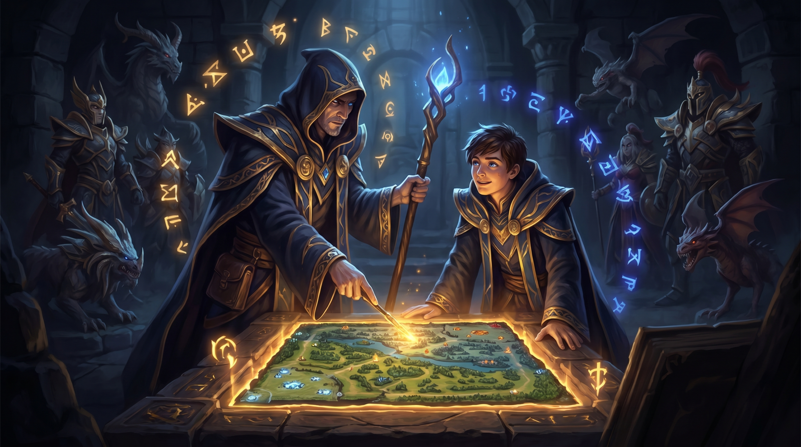 Dota 2 coaching session with mentor pointing at strategic map, student improving