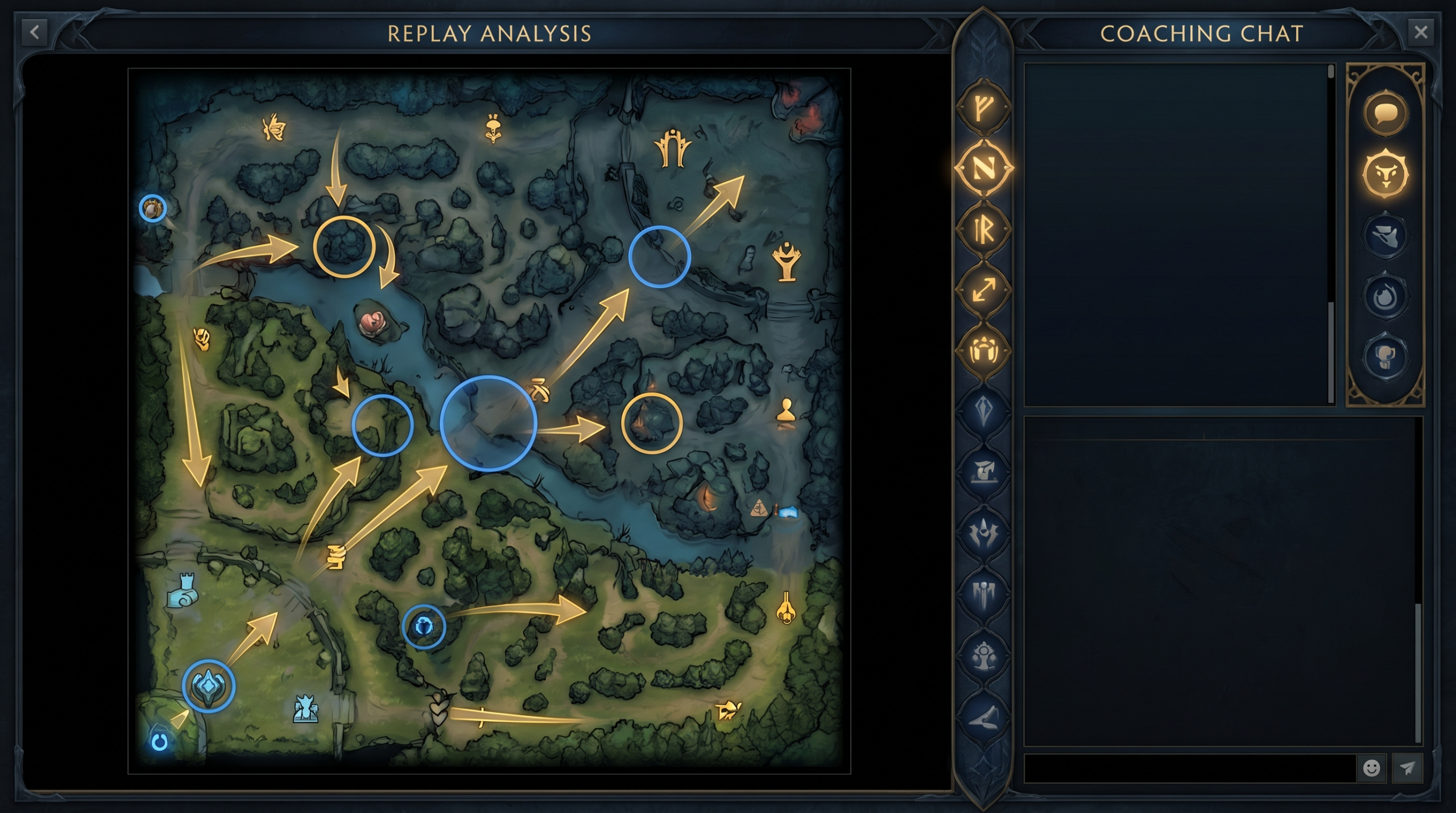 Dota 2 coaching session screenshot showing annotated replay with movement patterns and decision markers, split-screen with chat