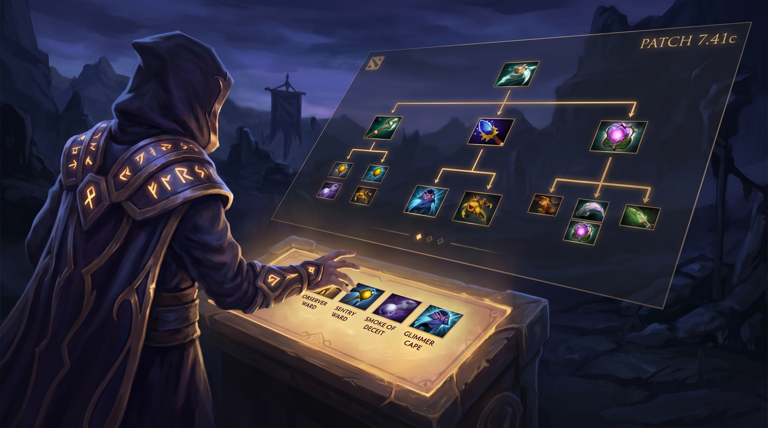 Dota 2 support player buying key utility items at the shop, strategic itemizatio