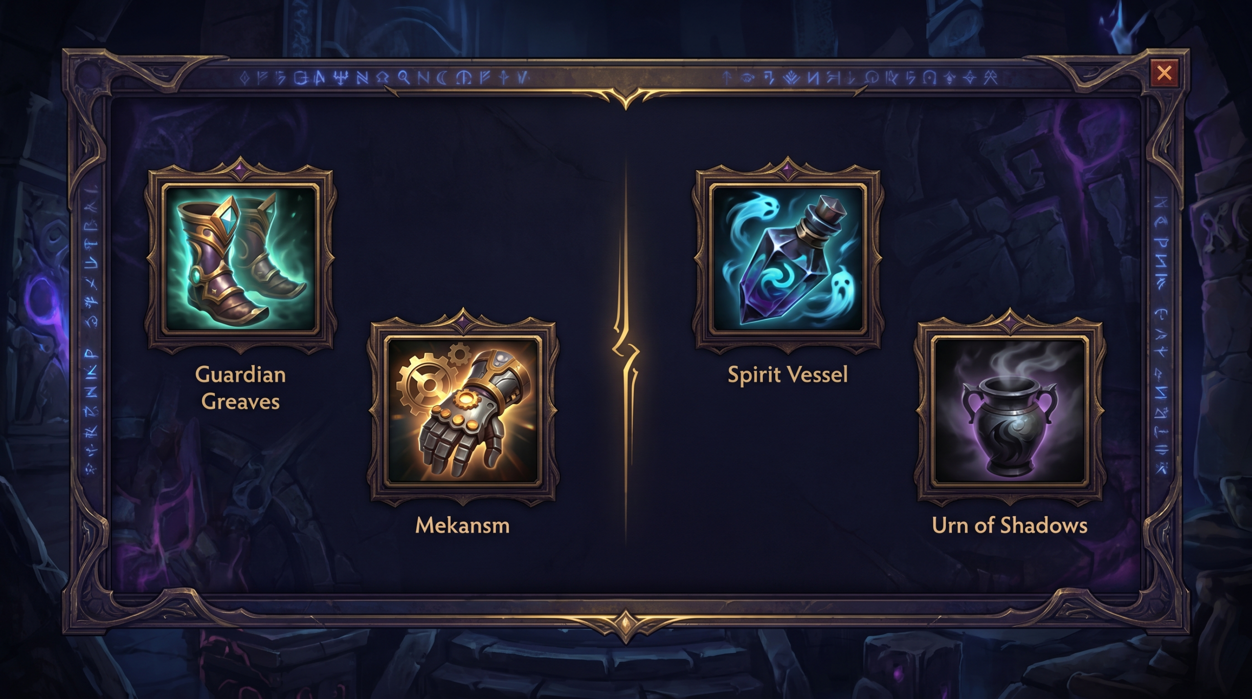 Dota 2 support item comparison showing Guardian Greaves vs Mekansm and Spirit Vessel vs Urn, dark item panel UI
