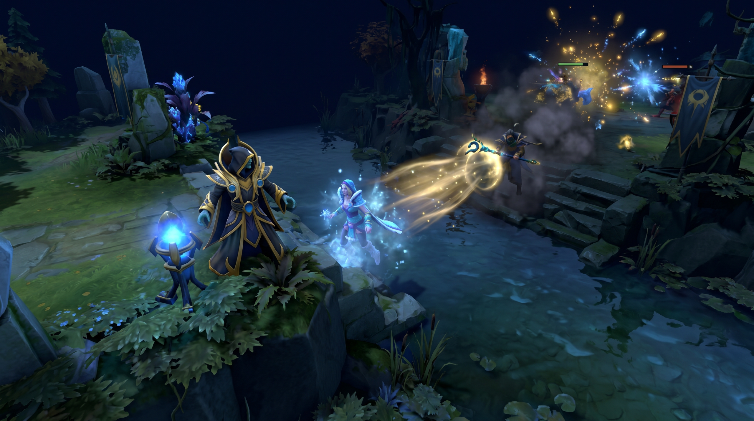 Dota 2 in-game support positioning showing correct ward placement and Force Staff usage in a teamfight, cinematic screenshot
