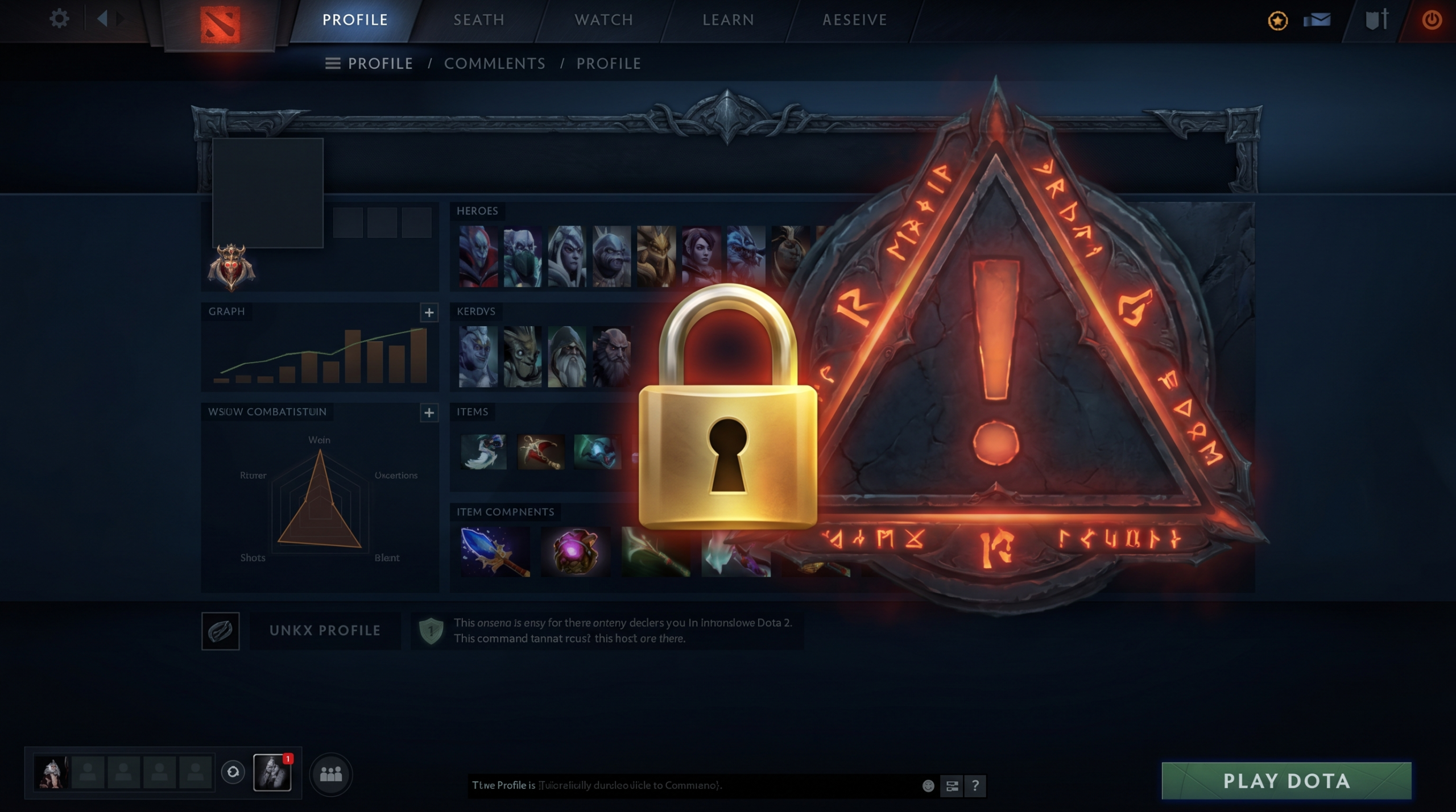 Dota 2 account profile screen with security lock icon overlay, dark UI with warning indicator aesthetic