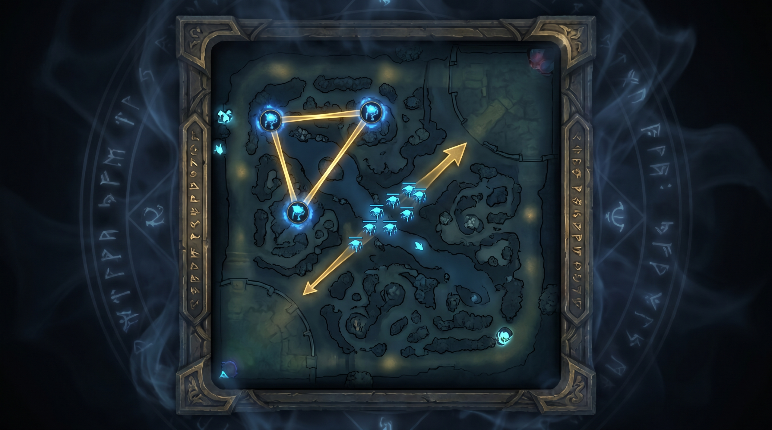 Dota 2 minimap showing triangle farming route with jungle camp icons and lane wave highlighted, dark strategic overlay