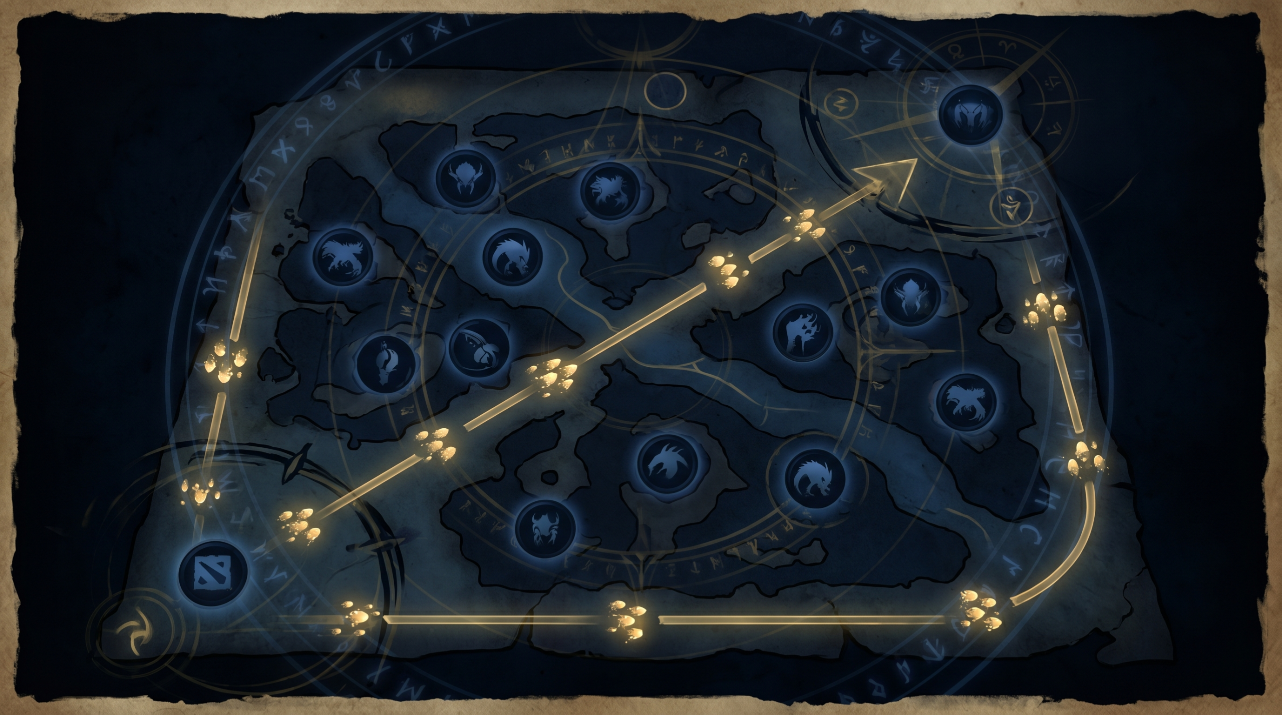 Dota 2 minimap showing lane-priority farming route with creep wave highlighted and jungle secondary camp icons, strategic overlay