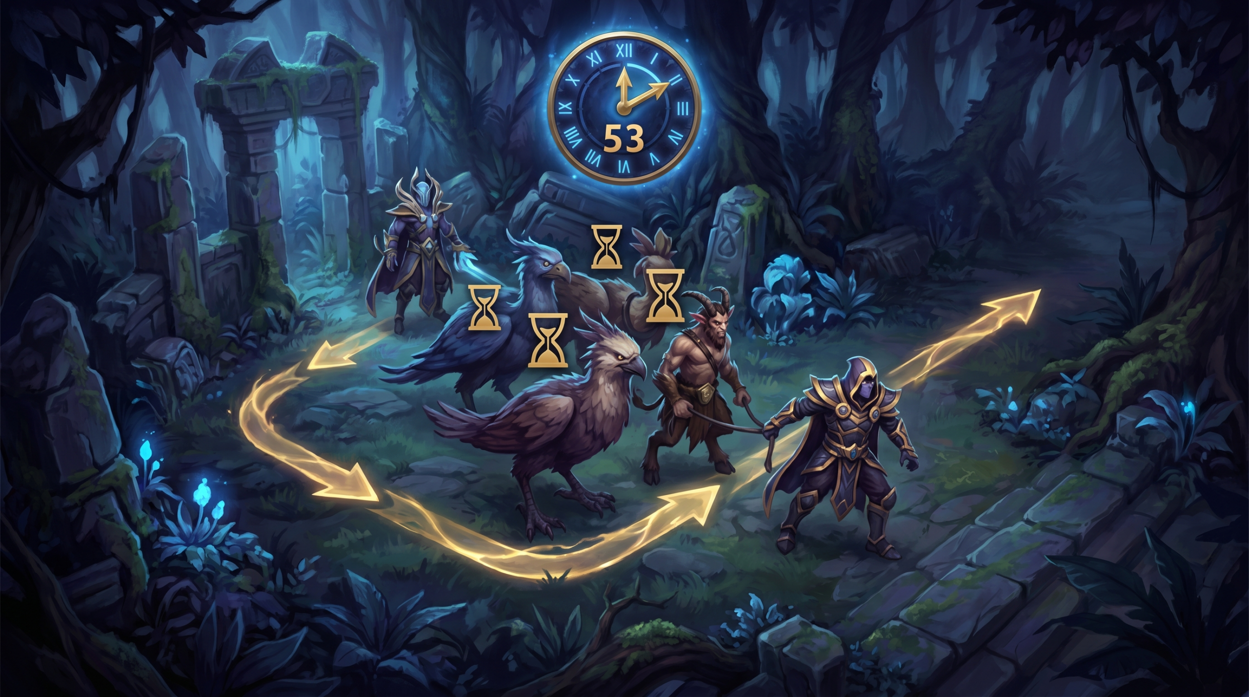 Dota 2 jungle camp stacking illustration showing timing icons at :53 seconds and carry farm route overlay
