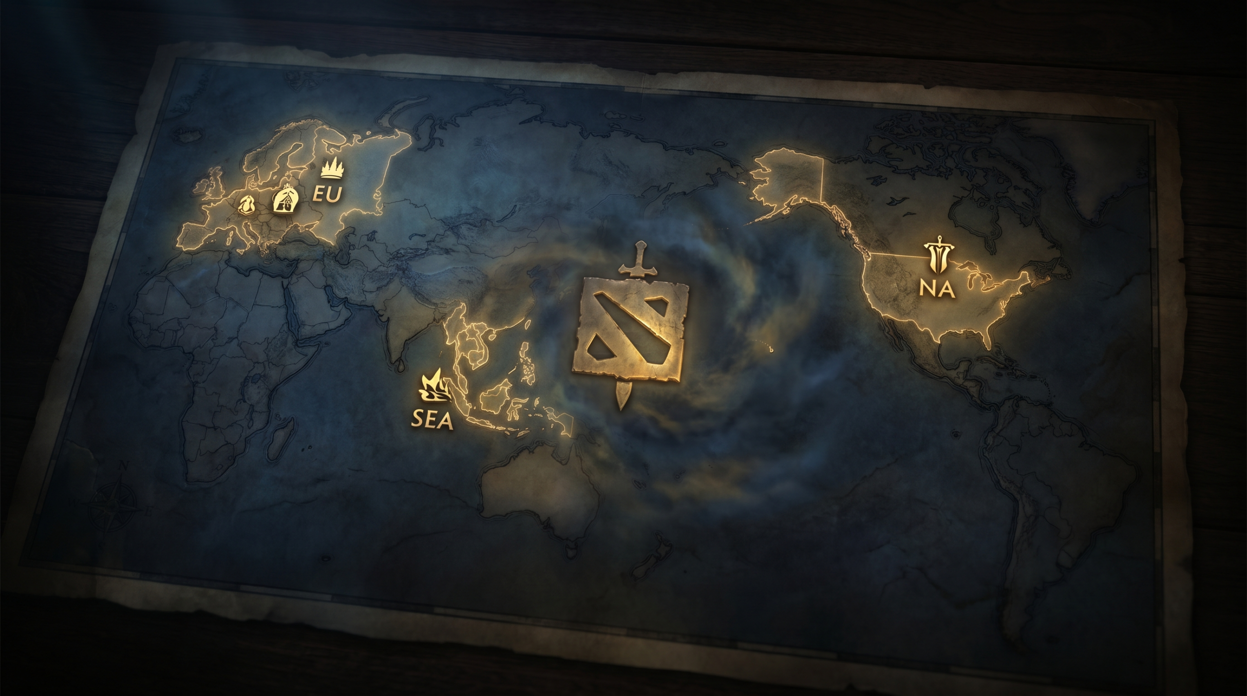 World map with EU, SEA, NA server regions highlighted and Dota 2 logo overlay, dark cinematic style