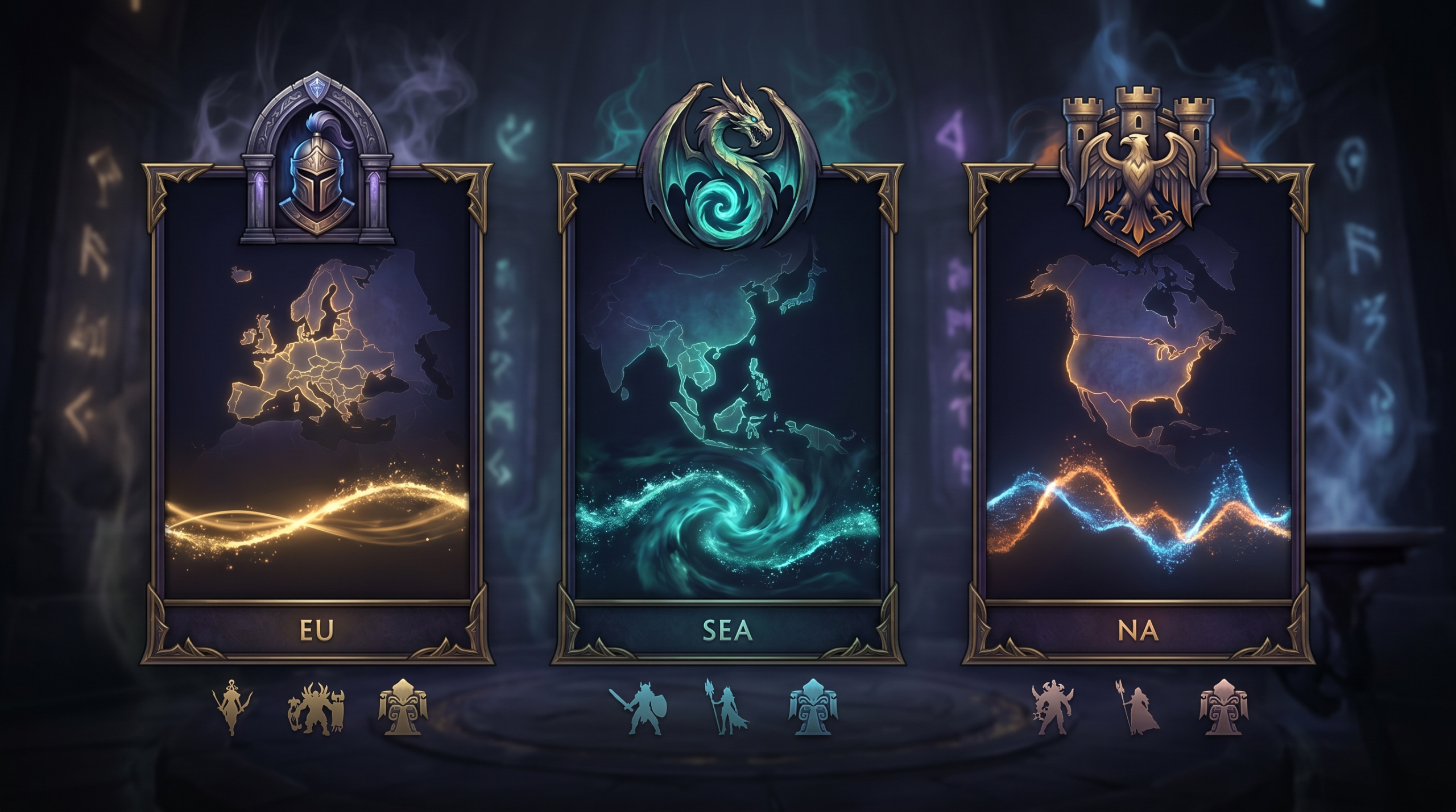 Dota 2 region selection interface comparing EU versus SEA versus NA server perfo