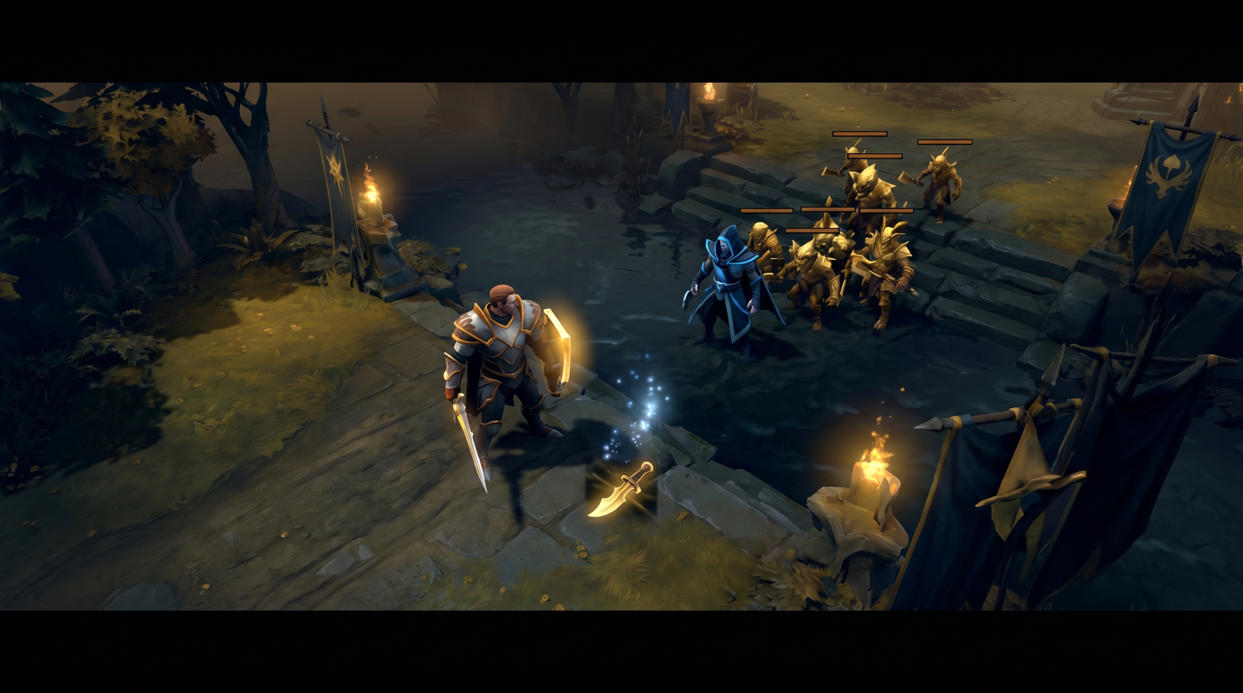 Dota 2 mid lane gameplay screenshot with Dragon Knight facing enemy mid laner, showing Blink Dagger timing and wave control, cinematic dark style