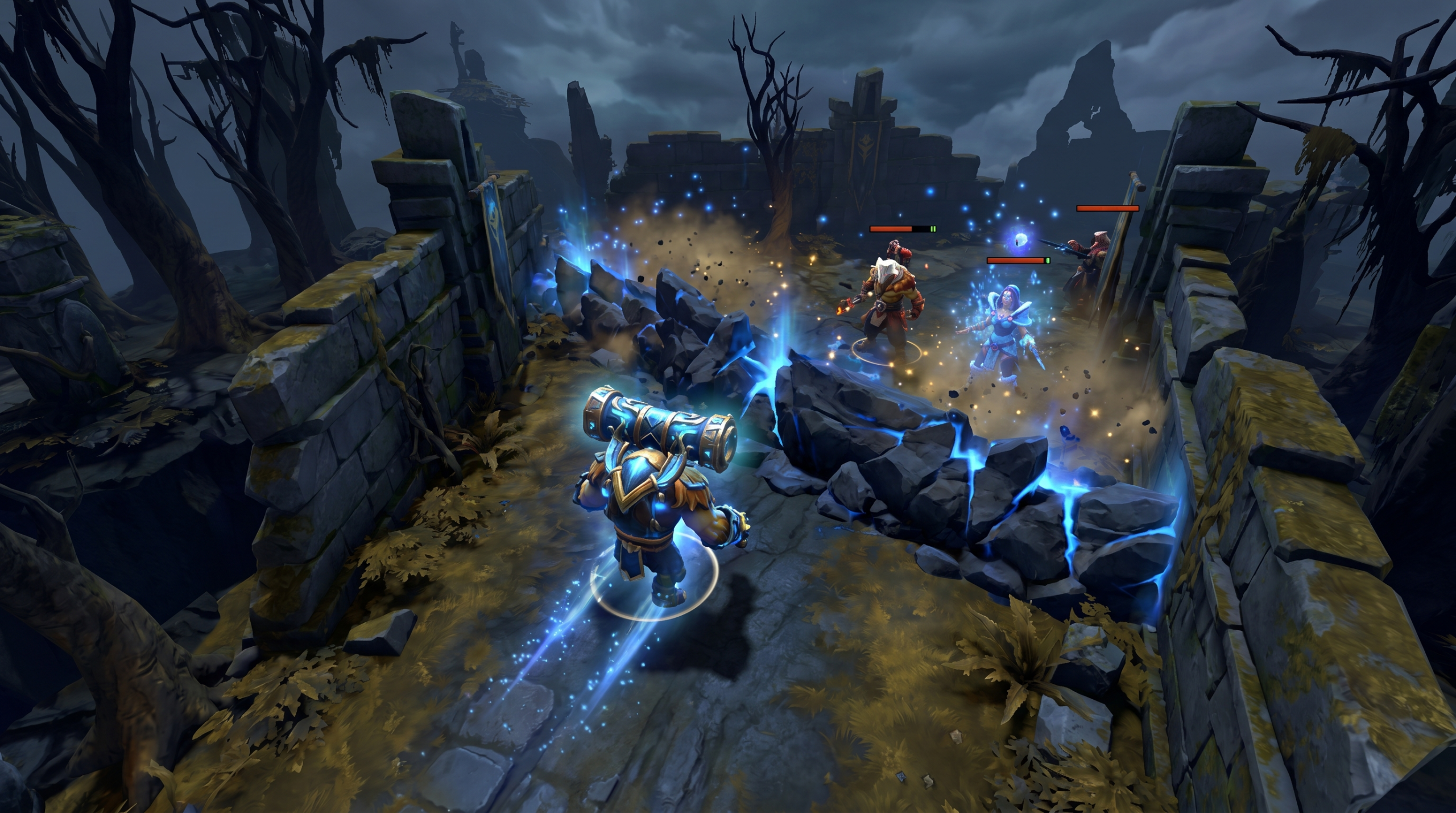 Dota 2 teamfight screenshot showing successful Earthshaker Blink + Fissure with enemies wall-blocked, dark cinematic style
