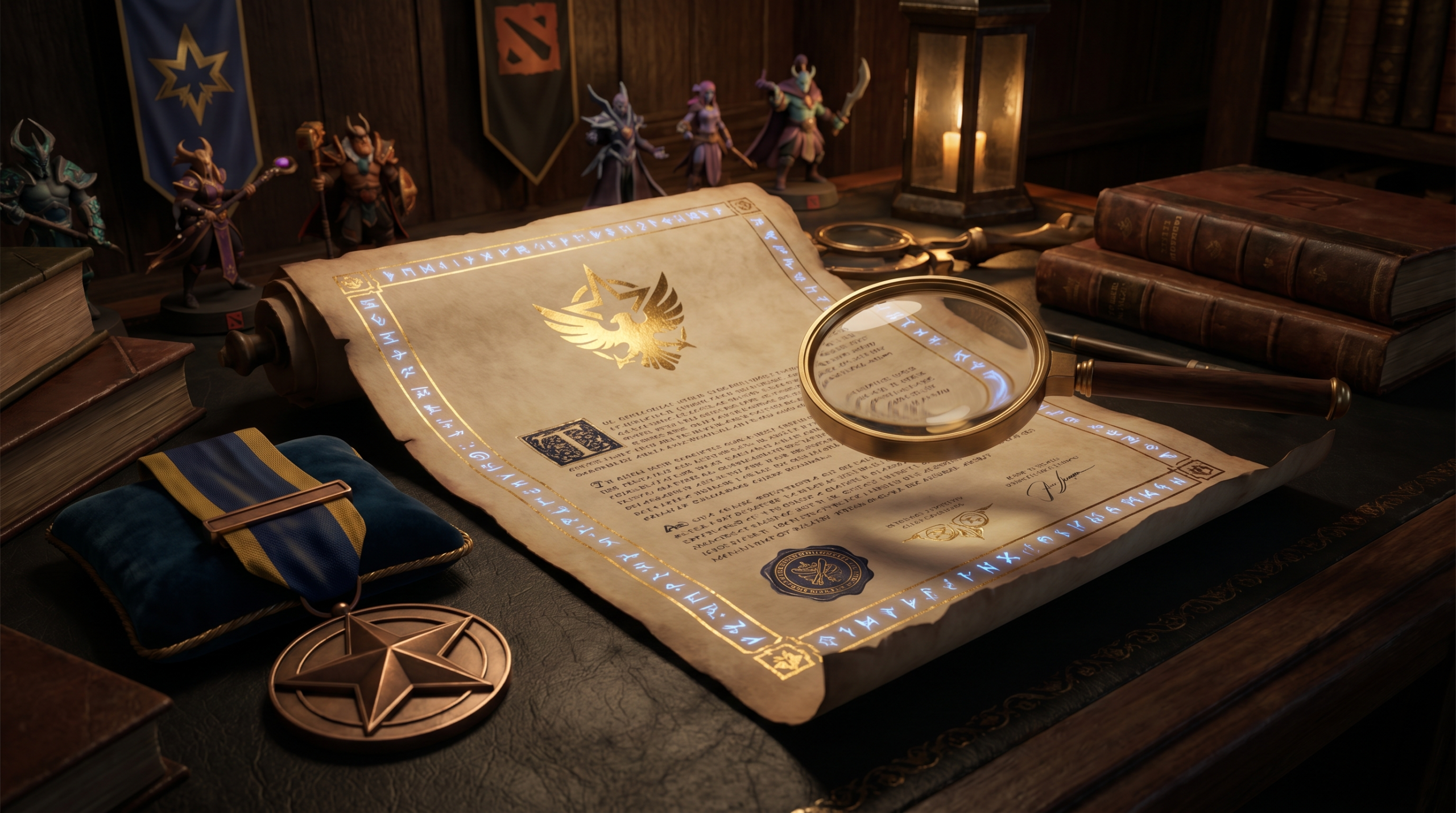 Dota 2 rank guarantee document with fine print visible under magnifying glass, s