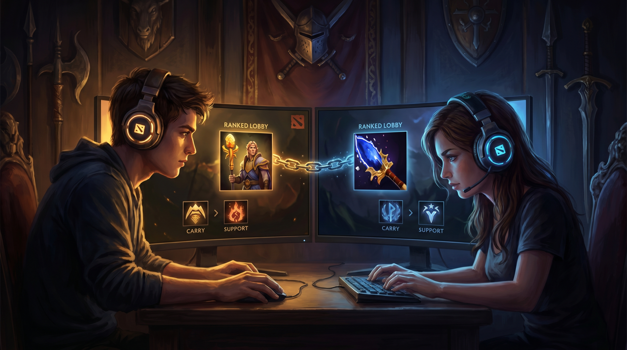 Two Dota 2 players duo queuing together with headsets, ranked game lobby showing