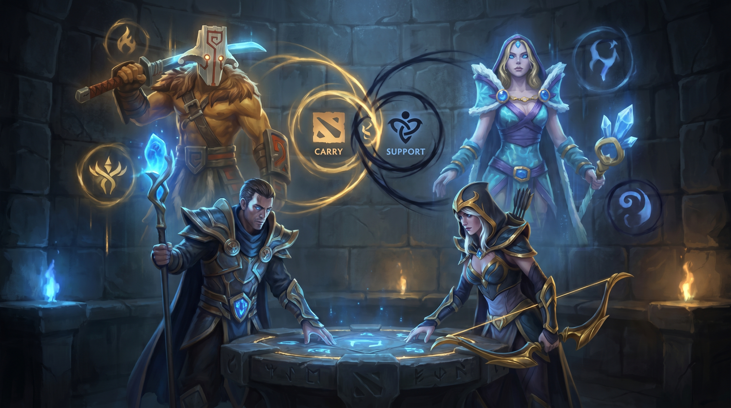 Dota 2 duo partners strategizing before match, hero picks displayed with coordin