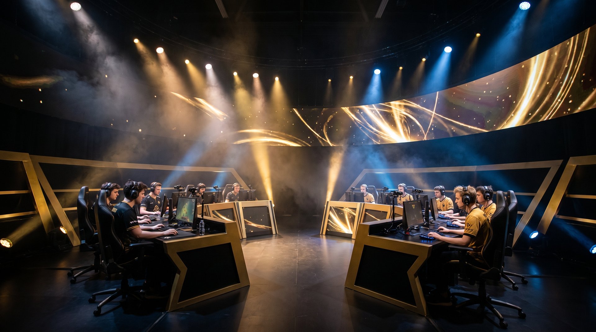 Final elimination style Dota 2 qualifier arena scene with two opposing teams under gold and blue stage lights
