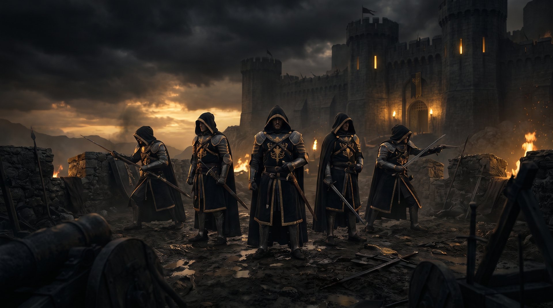 Disciplined five hero siege formation in a dark fortress battlefield with black and gold lighting