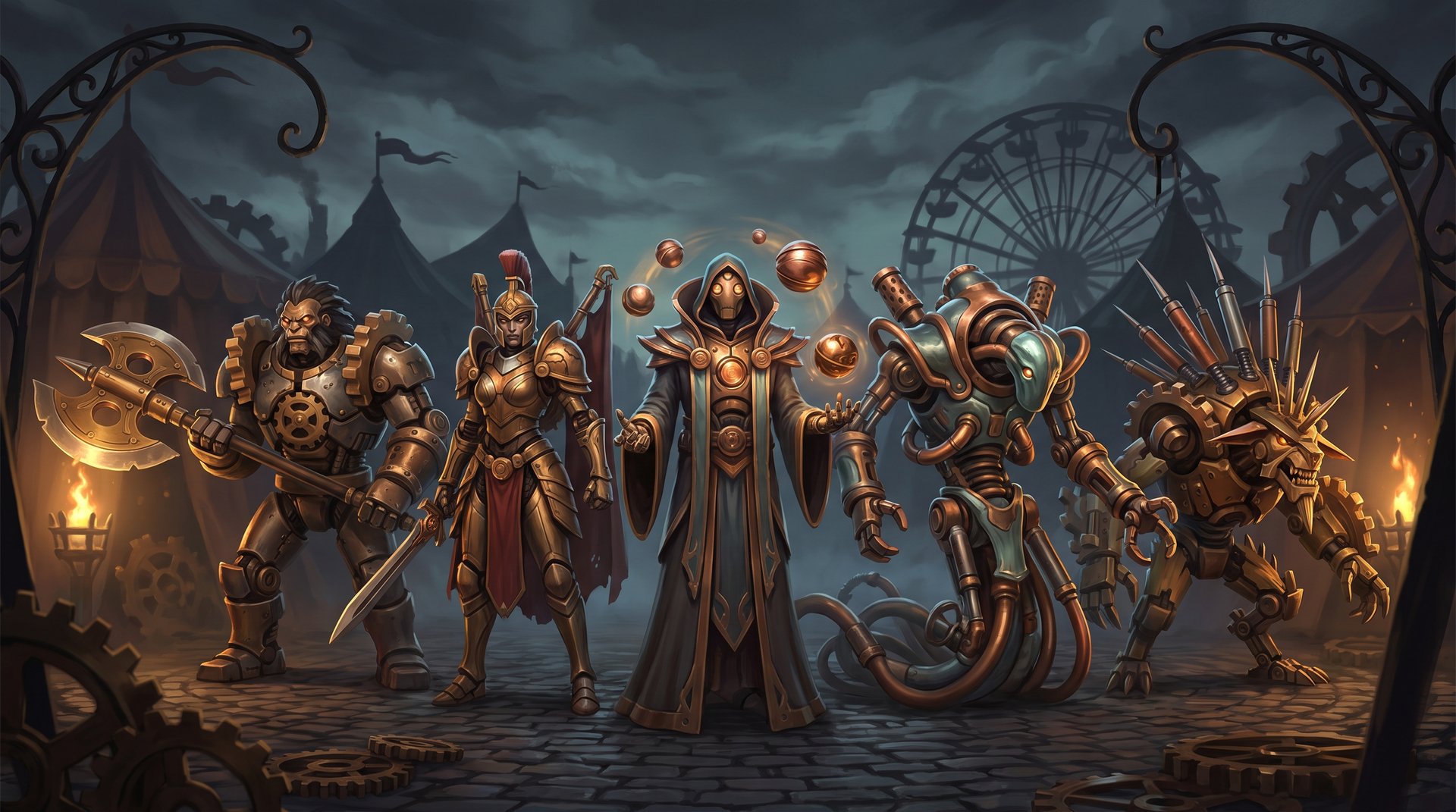 Five Dota 2 Dark Carnival automaton personas - Axe, Legion Commander, Oracle, Morphling, Bristleback