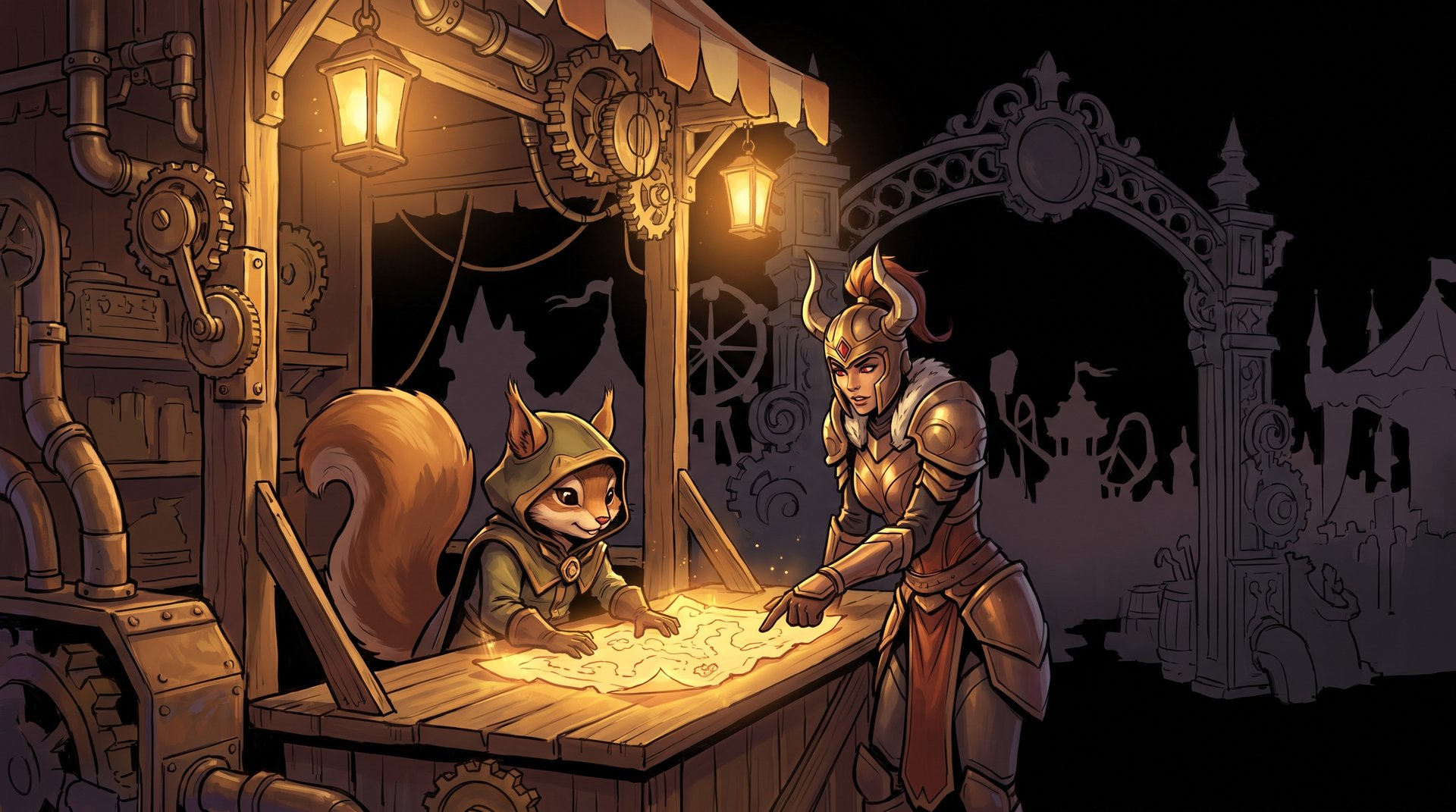 Hoodwink and Legion Commander studying the Dark Carnival event map at a ticket trader stall