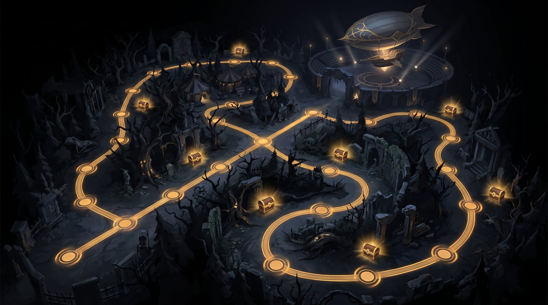 Dark Carnival Midnight Run route map with glowing nodes and blimp mini game arena