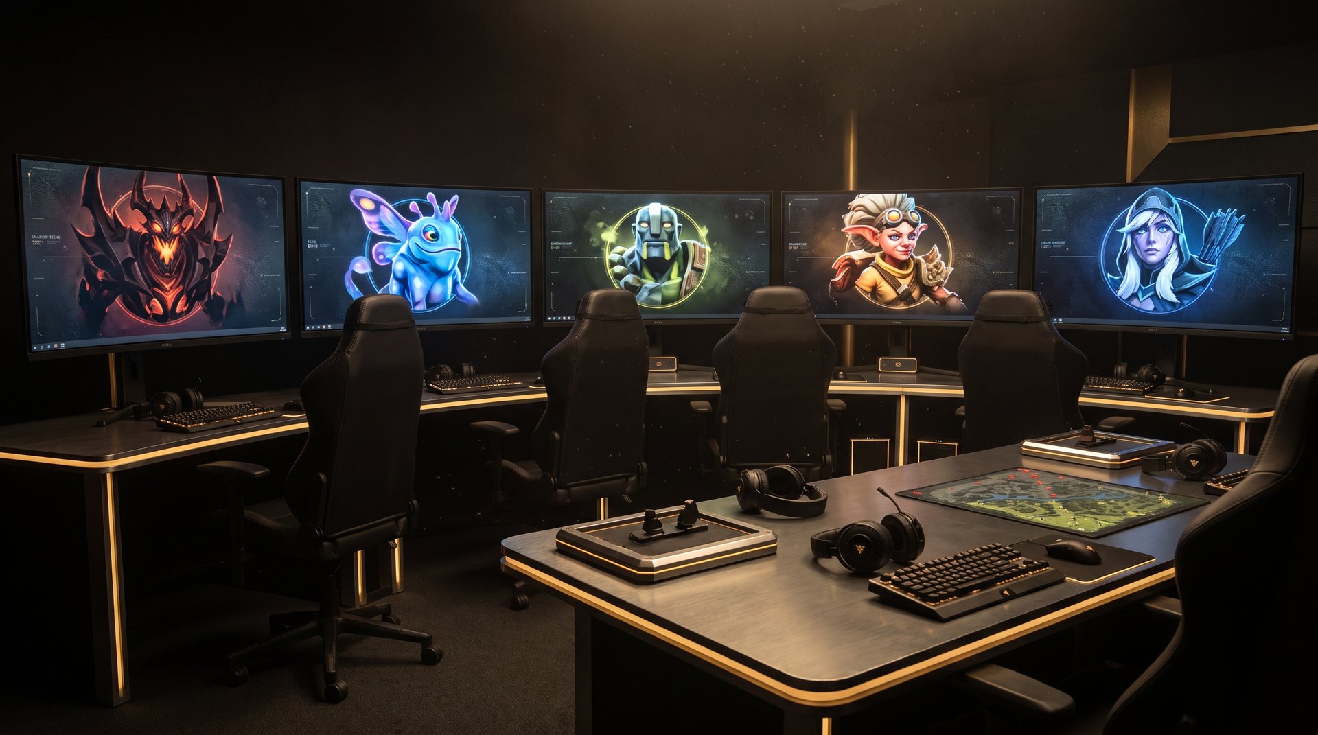 Dota 2 draft room with Shadow Fiend Puck Earth Spirit Snapfire and Drow Ranger hero portraits