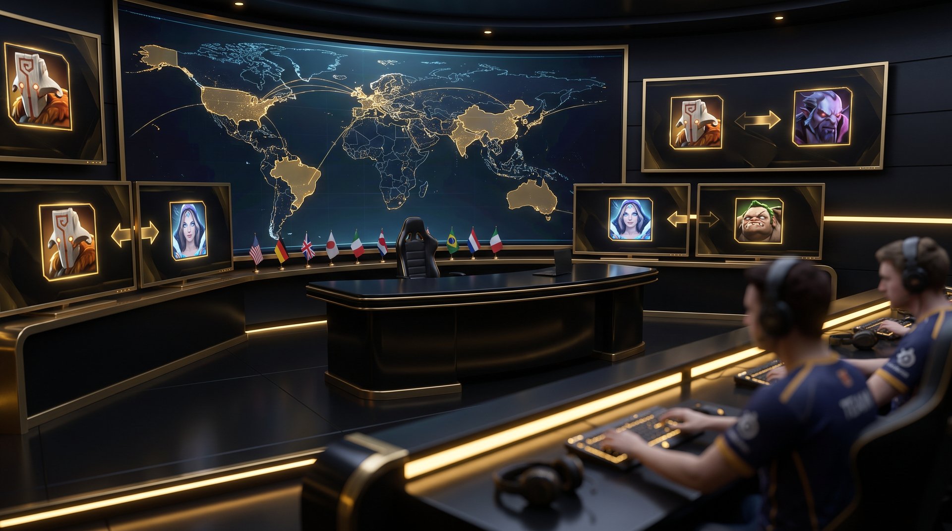 Dota 2 strategy war room with world map, flags, and hero portraits