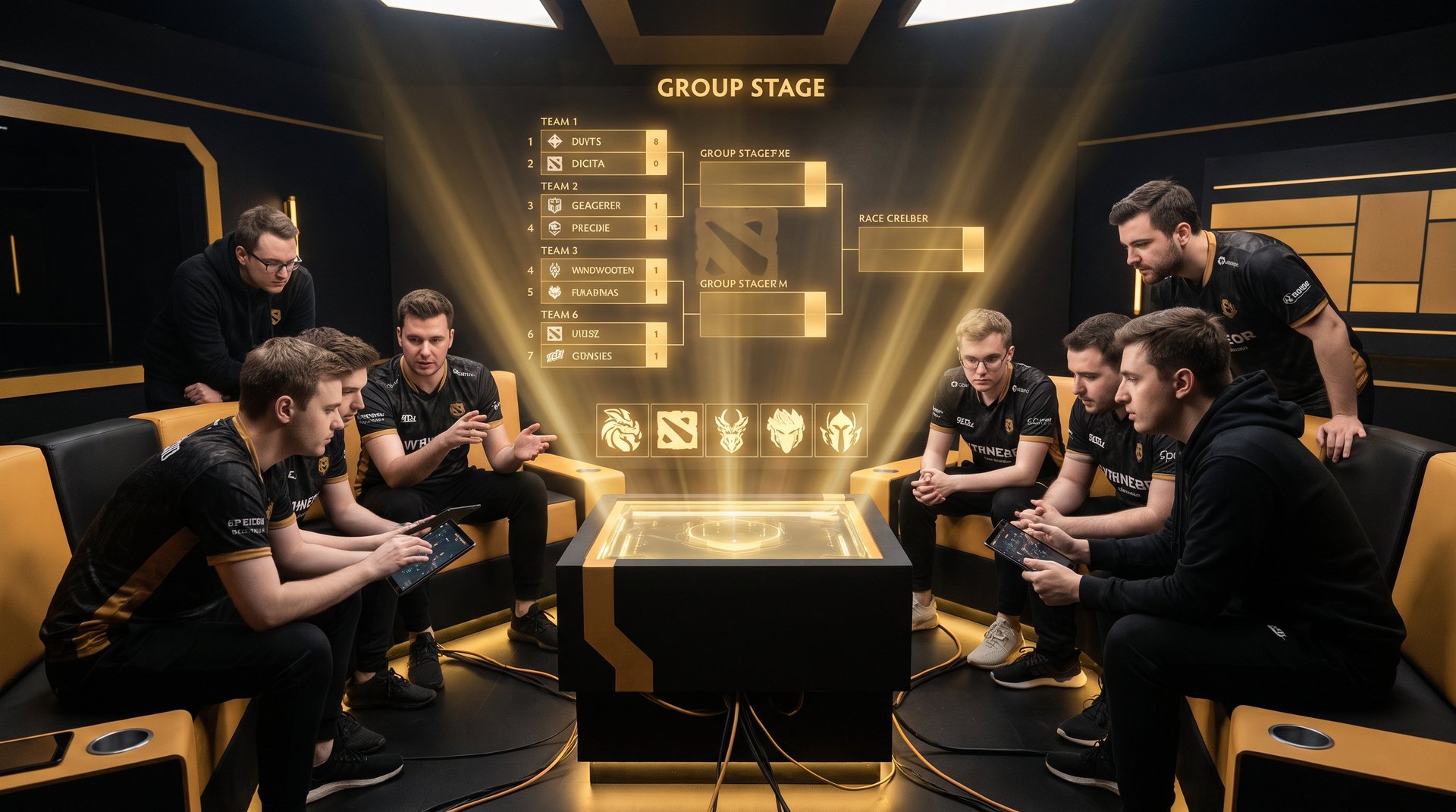 Esports World Cup 2026 Dota 2 draft room and group stage strategy art