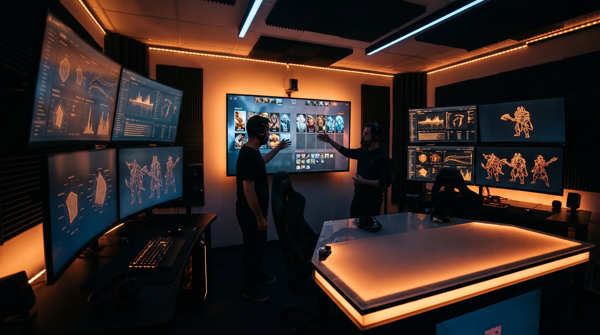 Dota 2 analyst room with draft screens during EWC 2026 playoff preparation