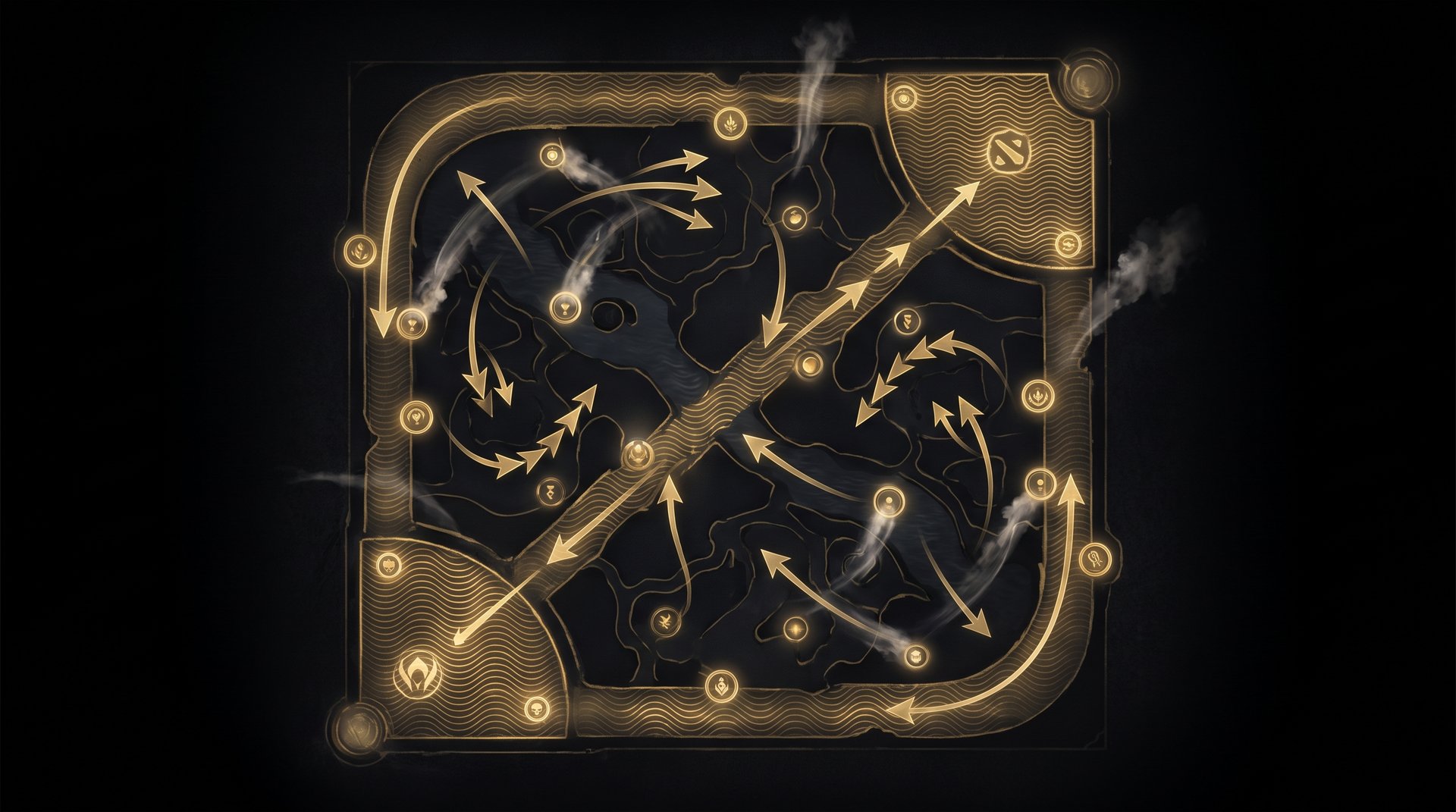 Dota 2 macro map showing lane control, ward vision, and smoke routes