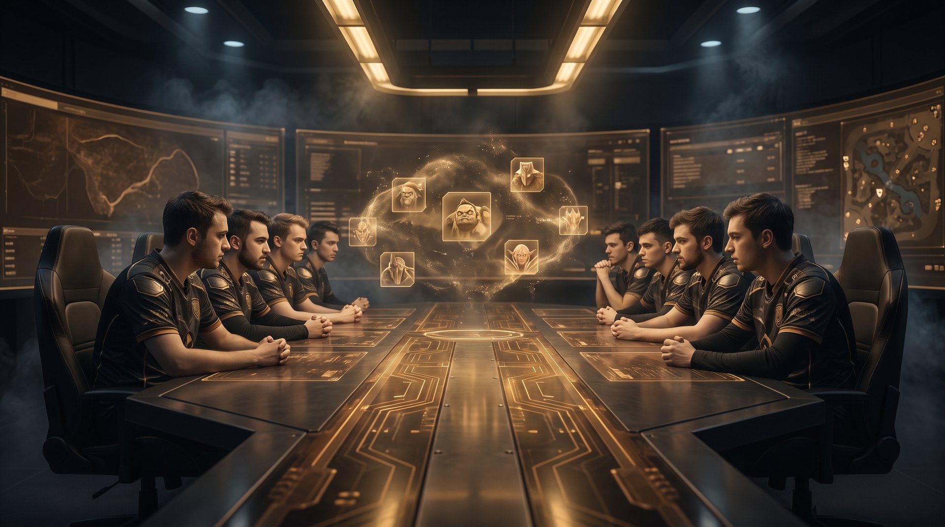 Dota 2 teams facing off in a futuristic draft room before Games of the Future 2026