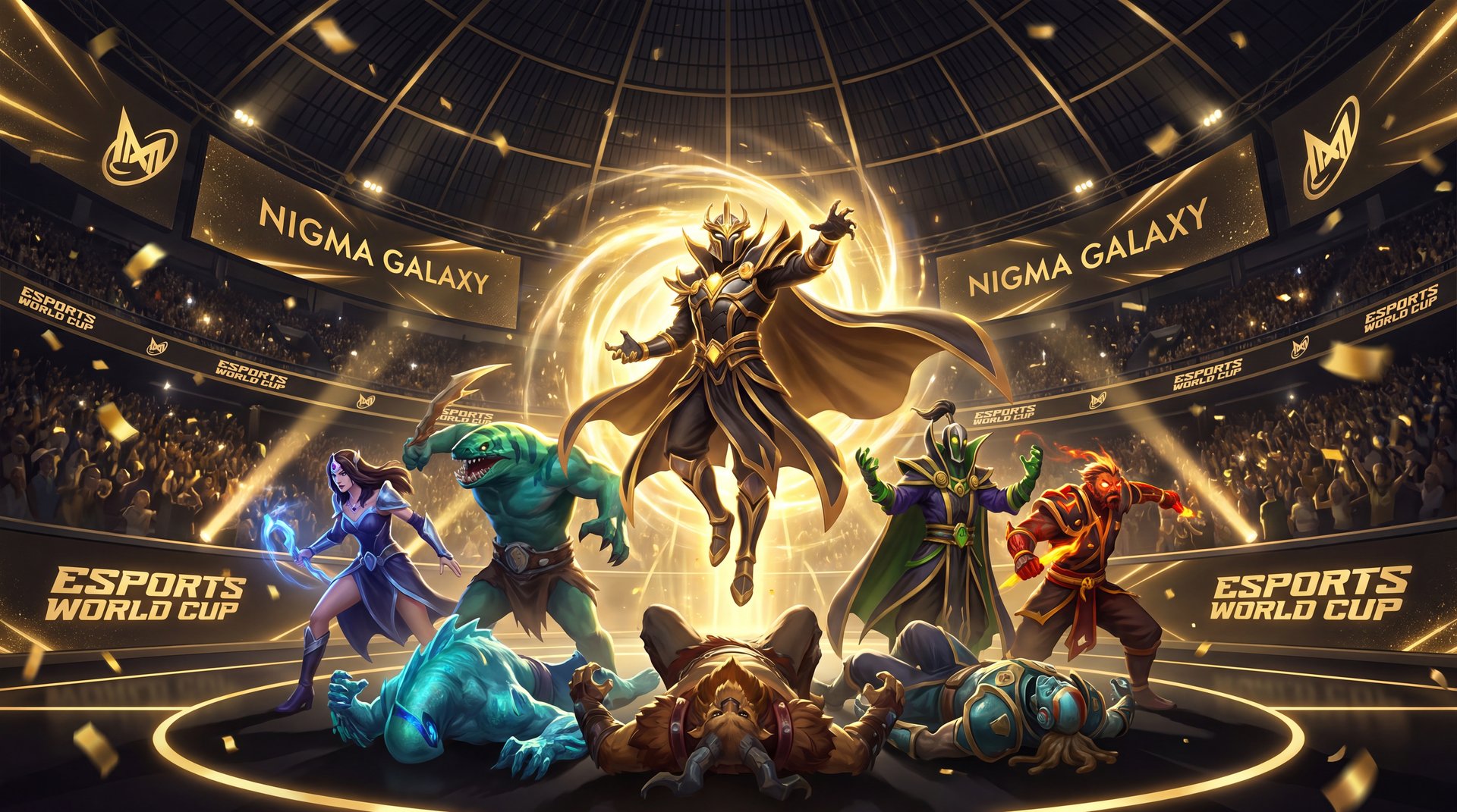 Nigma Galaxy overwhelming Team Liquid in a cinematic Dota 2 teamfight at EWC 2026